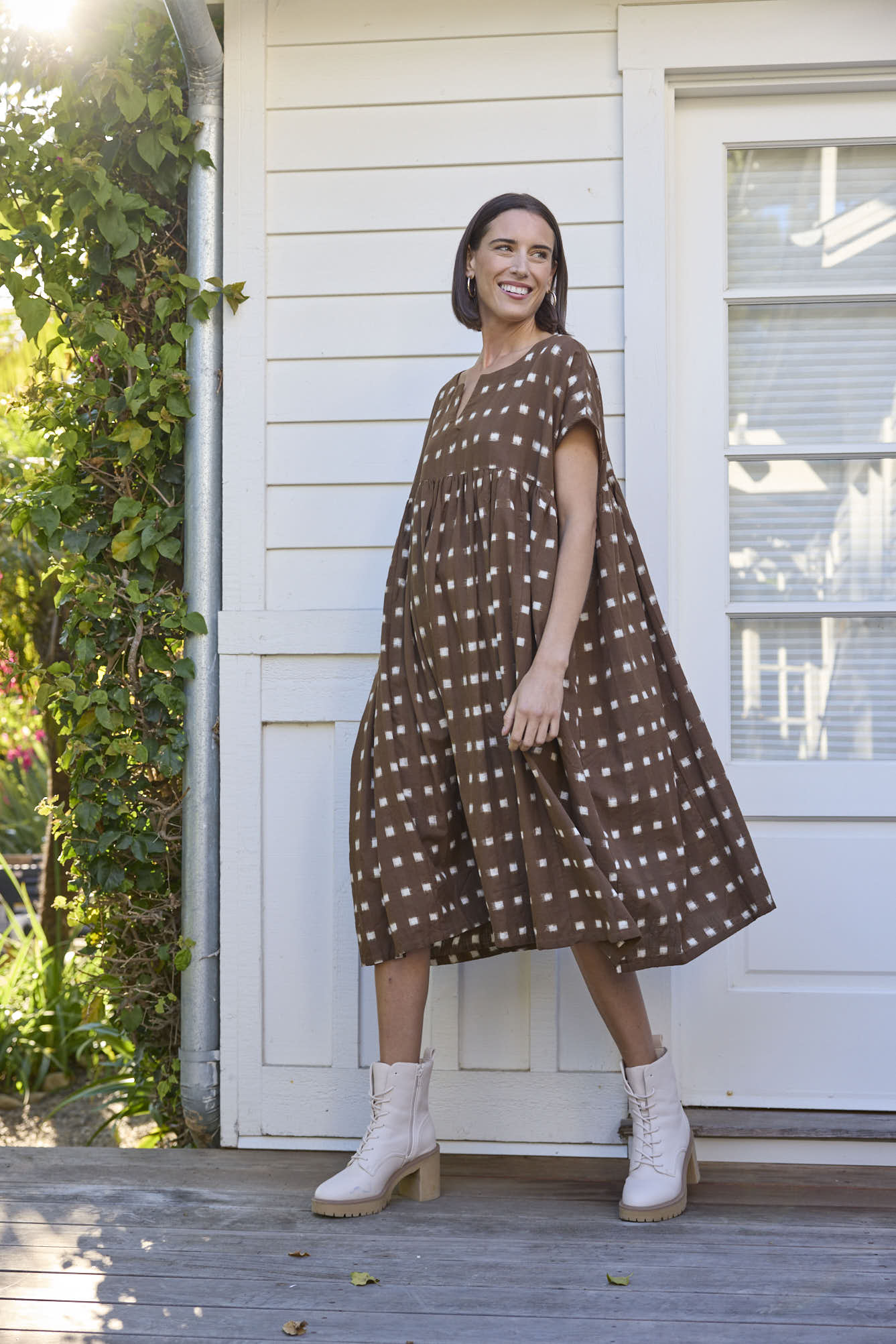 Meadow Dress - Ikat Squares Mocha
