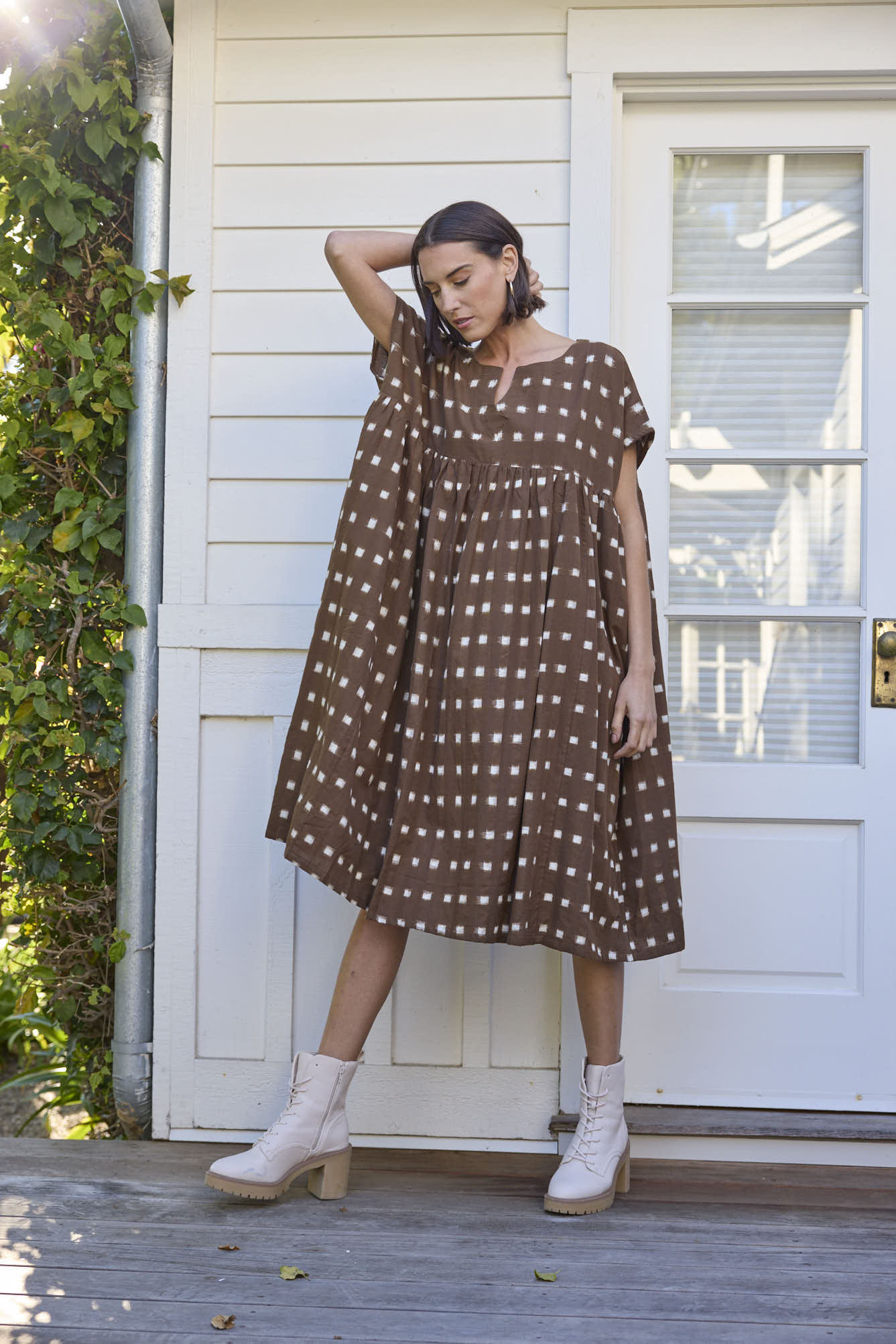 Meadow Dress - Ikat Squares Mocha
