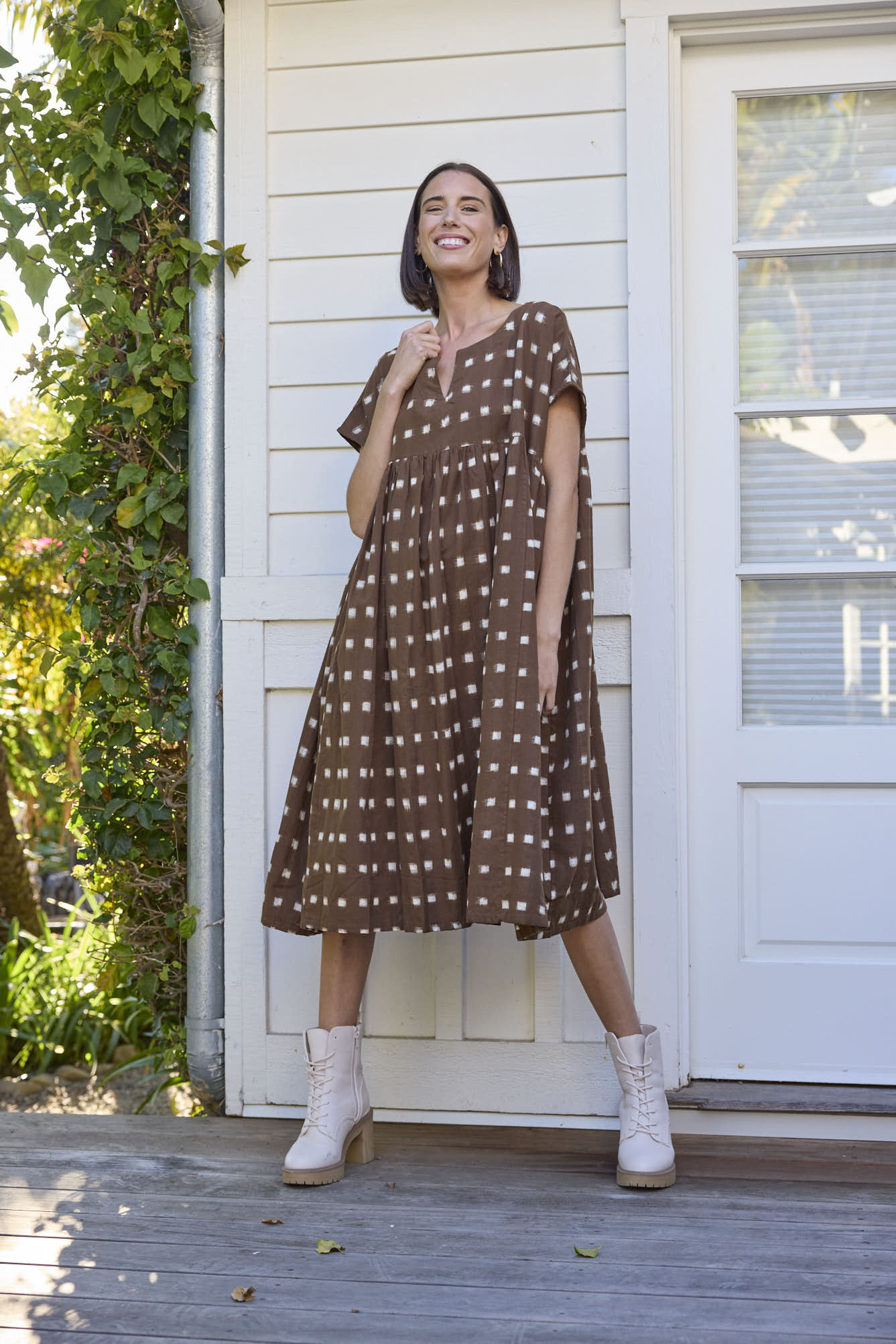 Meadow Dress - Ikat Squares Mocha