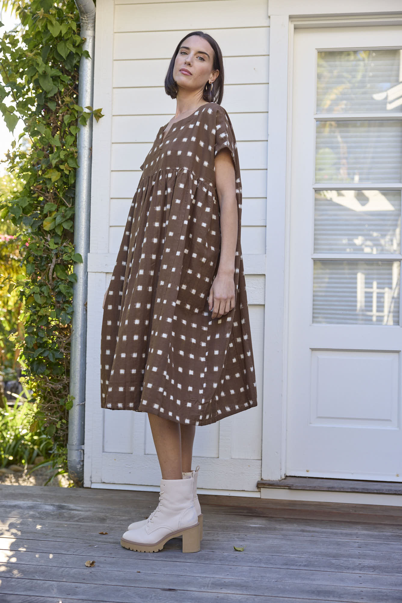 Meadow Dress - Ikat Squares Mocha