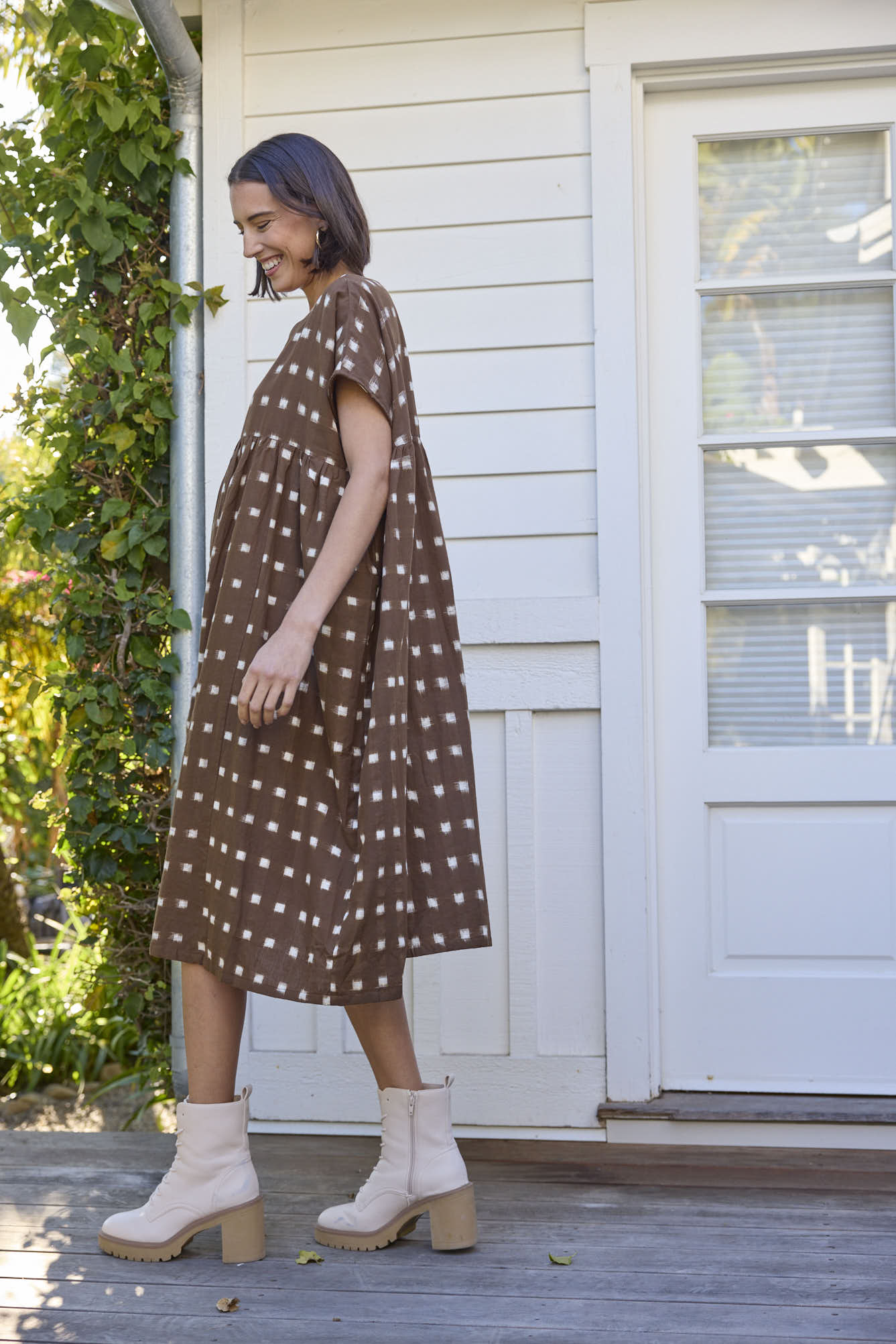 Meadow Dress - Ikat Squares Mocha
