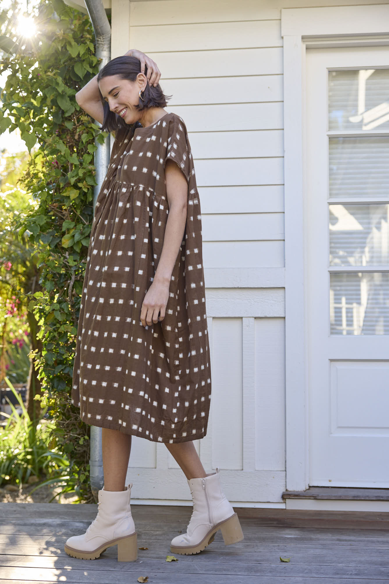 Meadow Dress - Ikat Squares Mocha