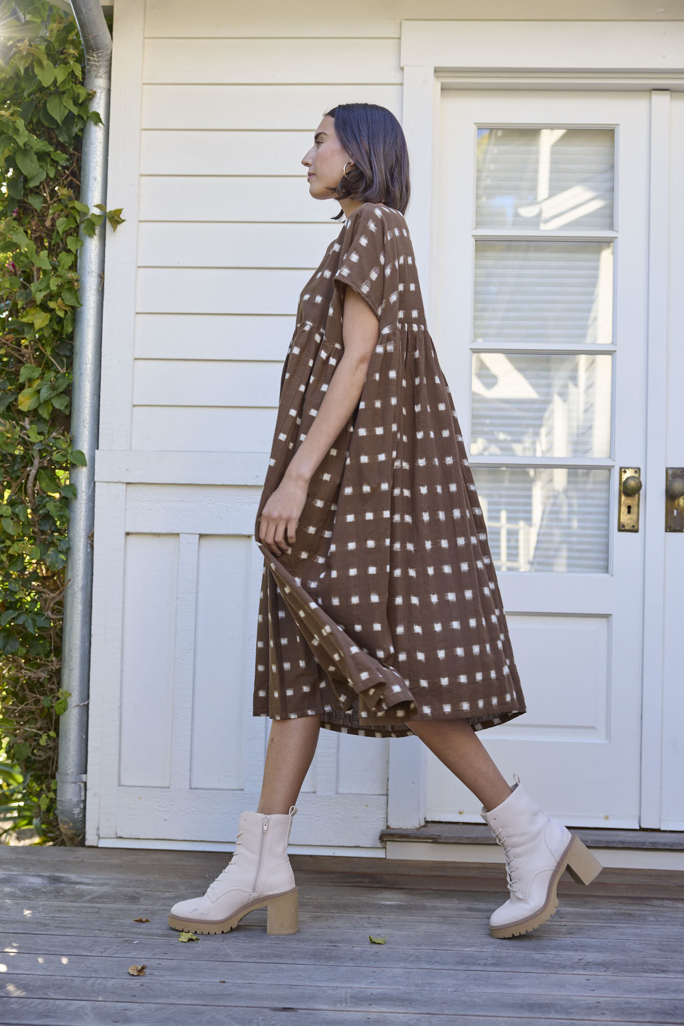 Meadow Dress - Ikat Squares Mocha