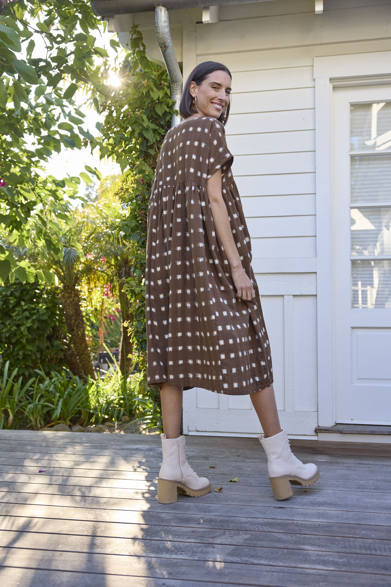 Meadow Dress - Ikat Squares Mocha