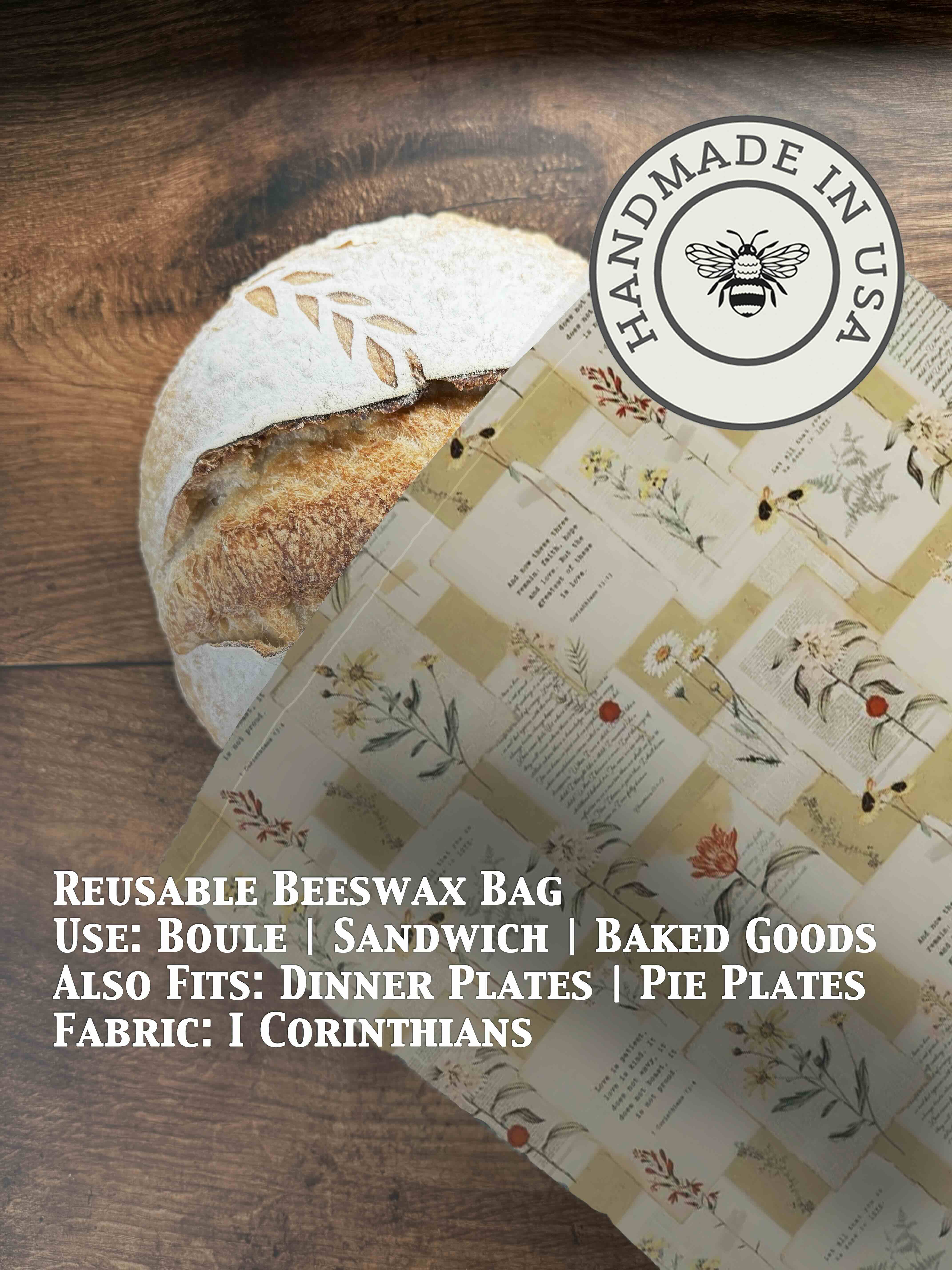 Beeswax bread bag in 1 Corinthians print — organic cotton, plastic-free