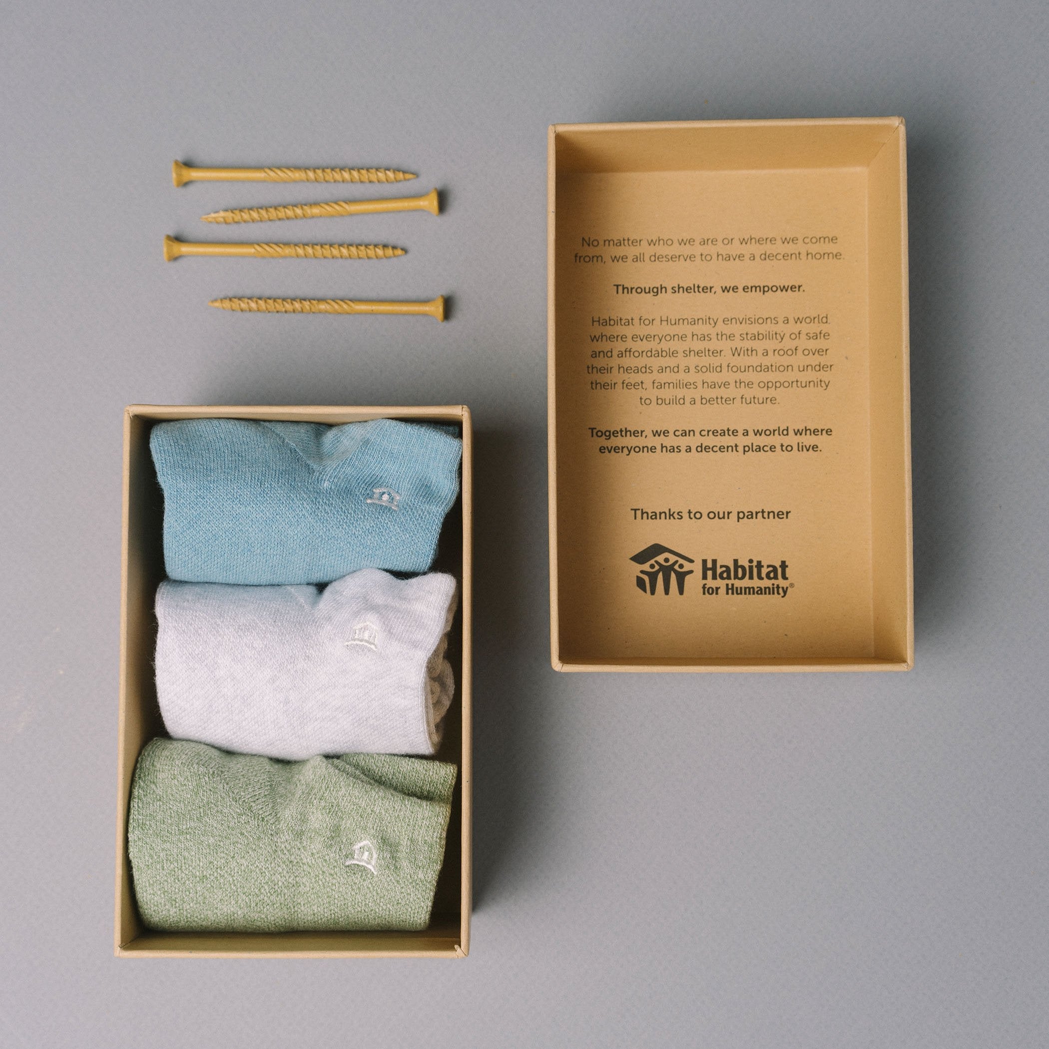 Socks that Build Homes 3-pack — organic cotton ankle socks in green, blue & heather gray