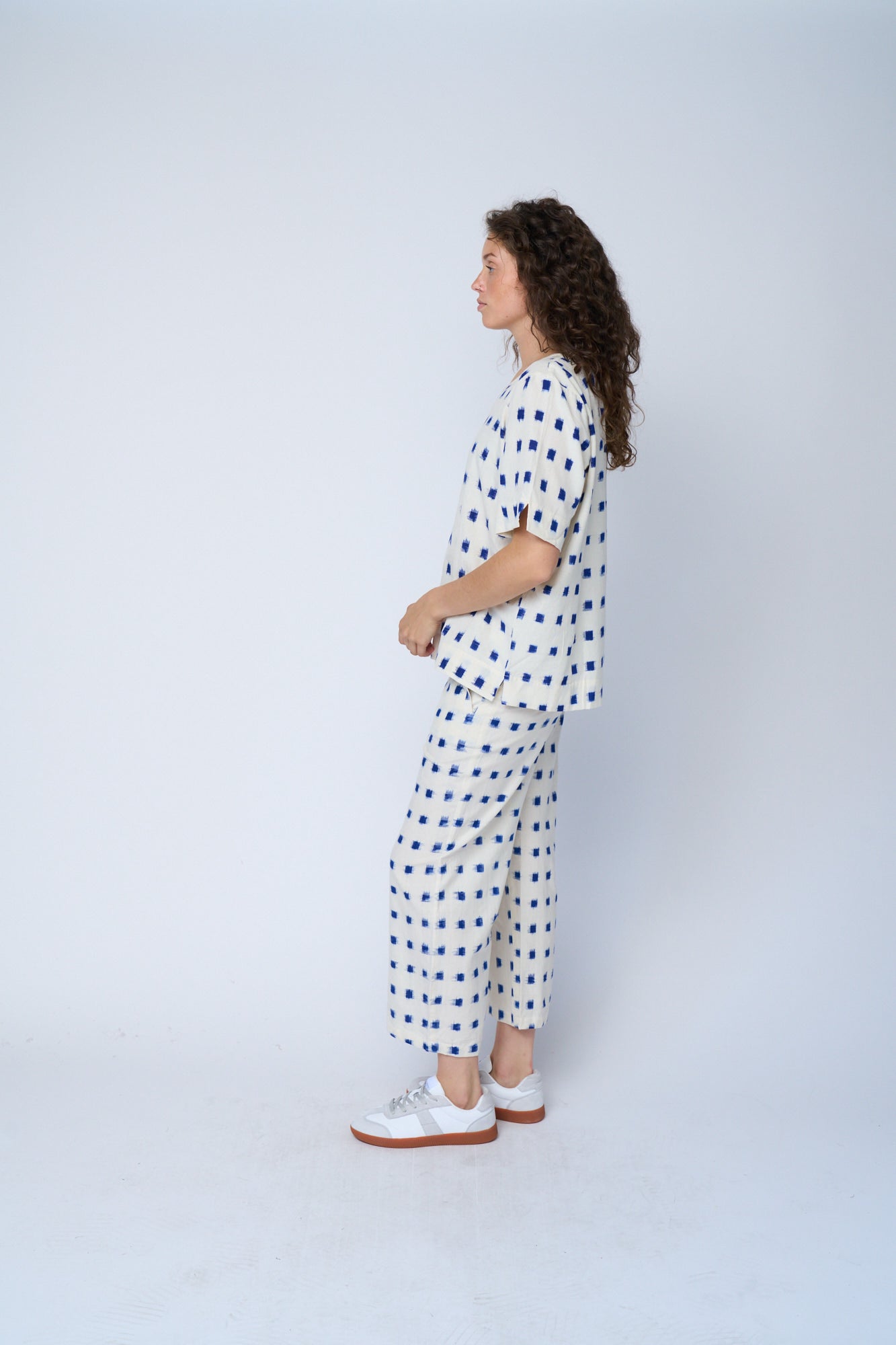 Mare Boxy Cropped Shirt Ikat Squares Natural Cobalt
