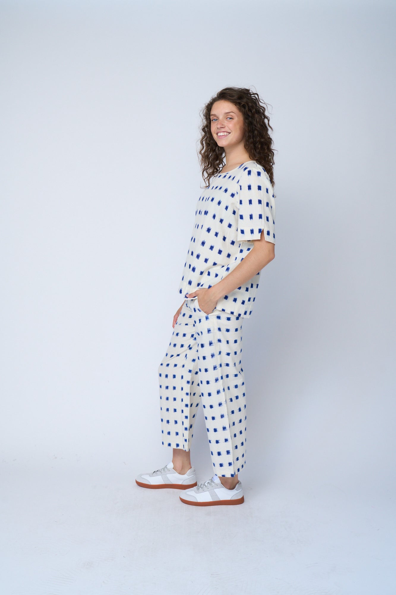 Mare Boxy Cropped Shirt Ikat Squares Natural Cobalt