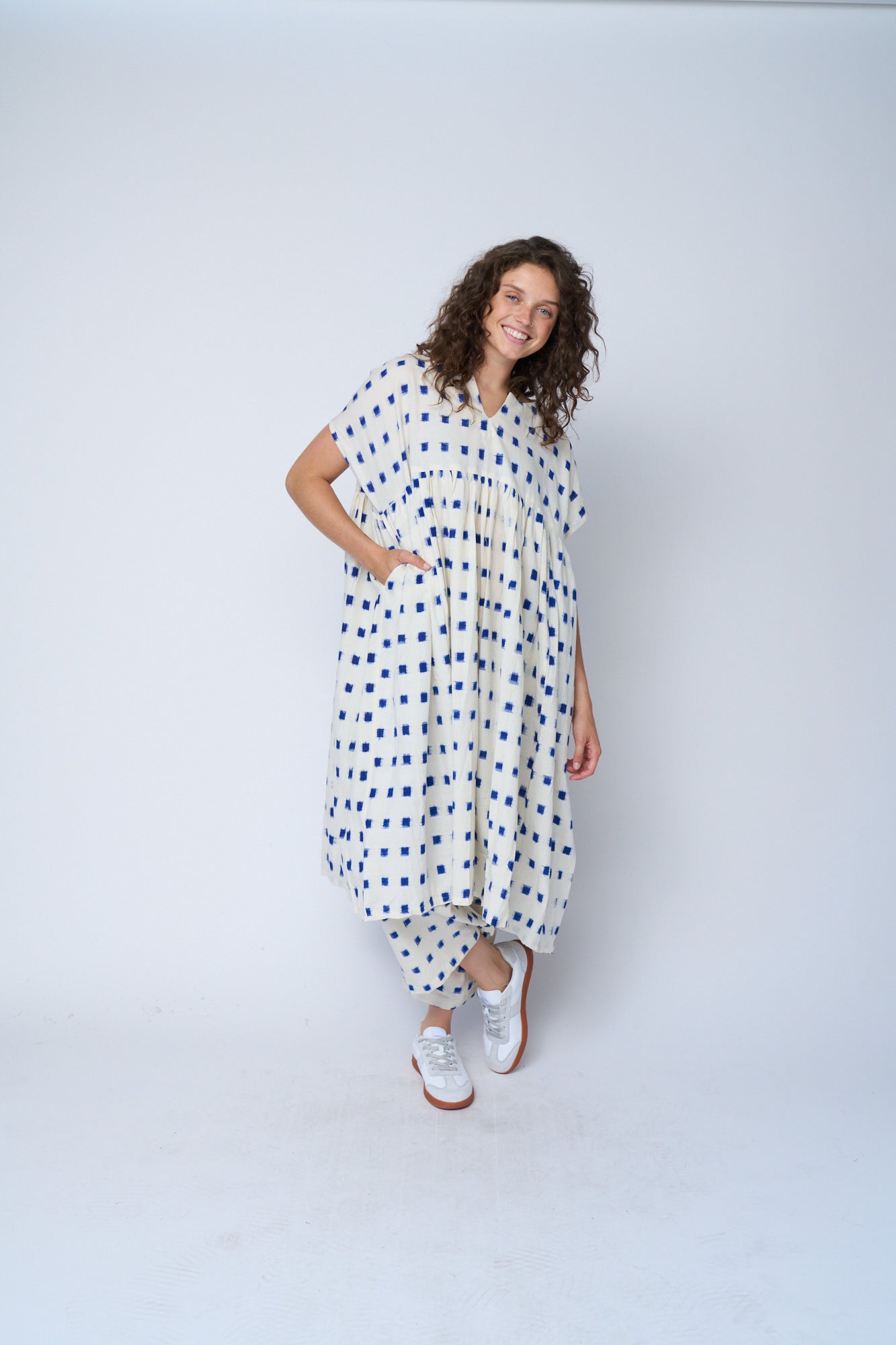 Meadow Dress - Ikat Squares Cobalt