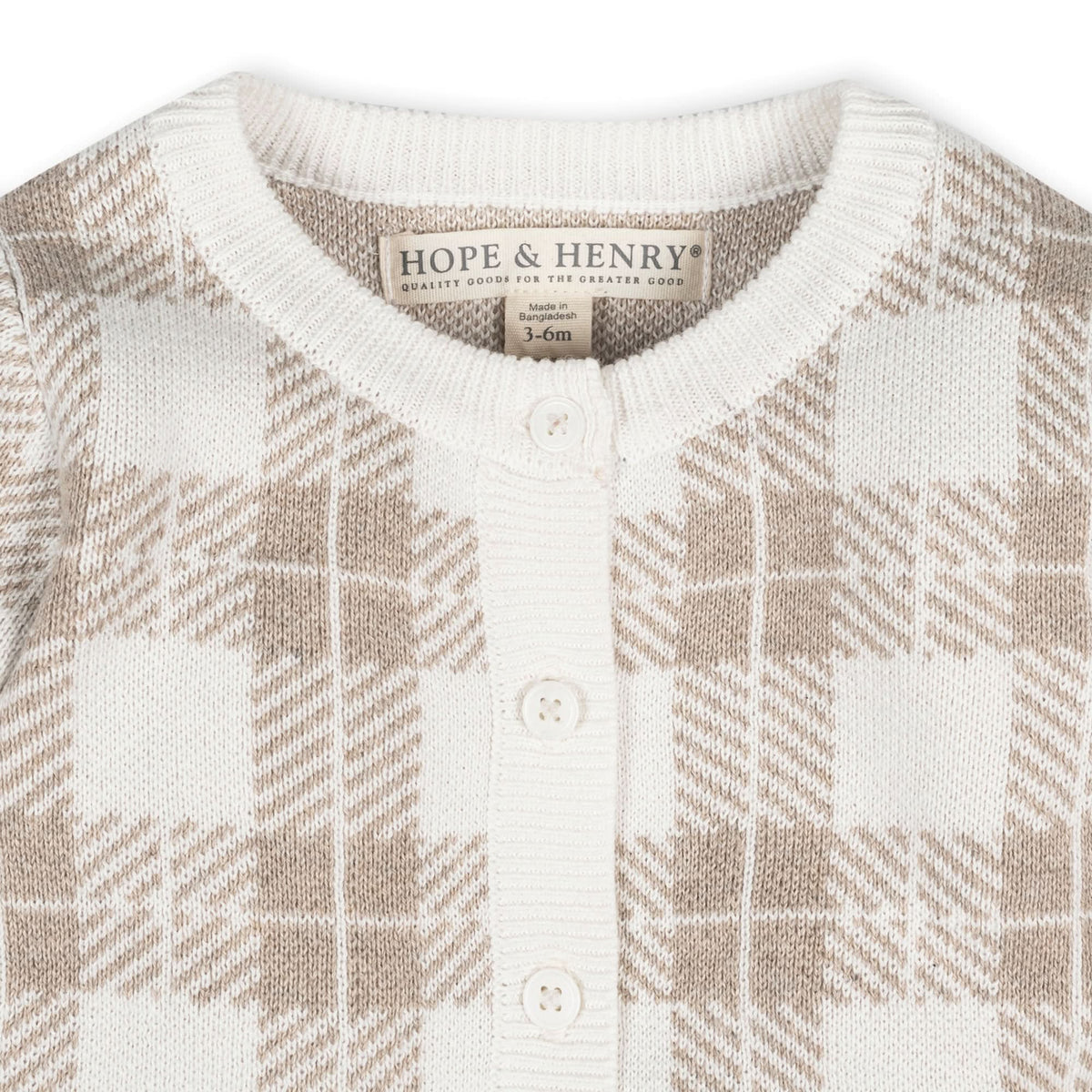 Organic Intarsia Sweater Romper in Light Taupe Heather Plaid — lifestyle photo