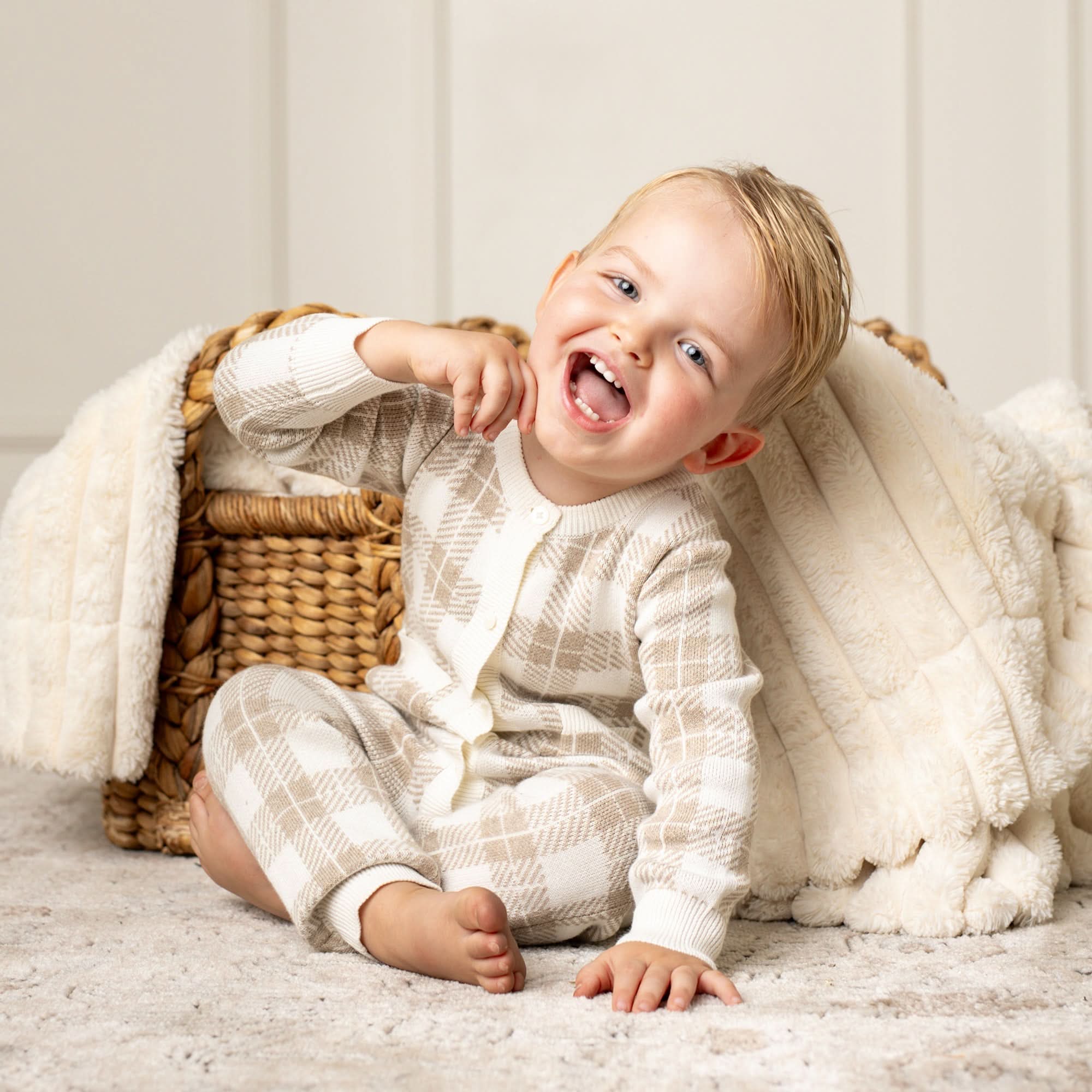 Organic Intarsia Sweater Romper in Light Taupe Heather Plaid — front view