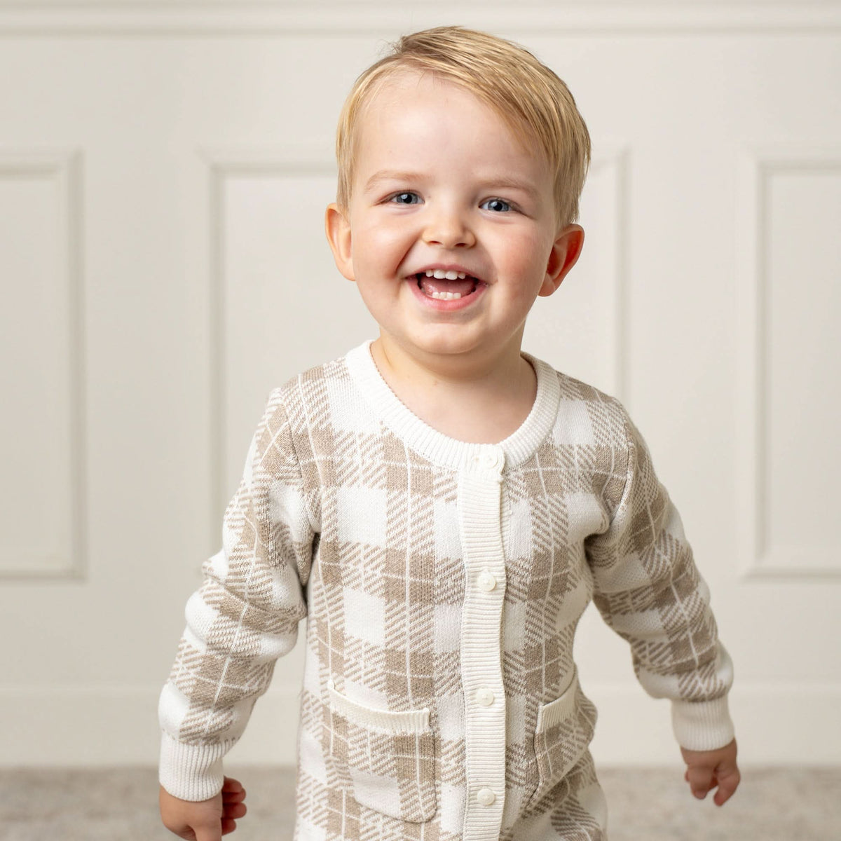 Organic Intarsia Sweater Romper in Light Taupe Heather Plaid — detail view