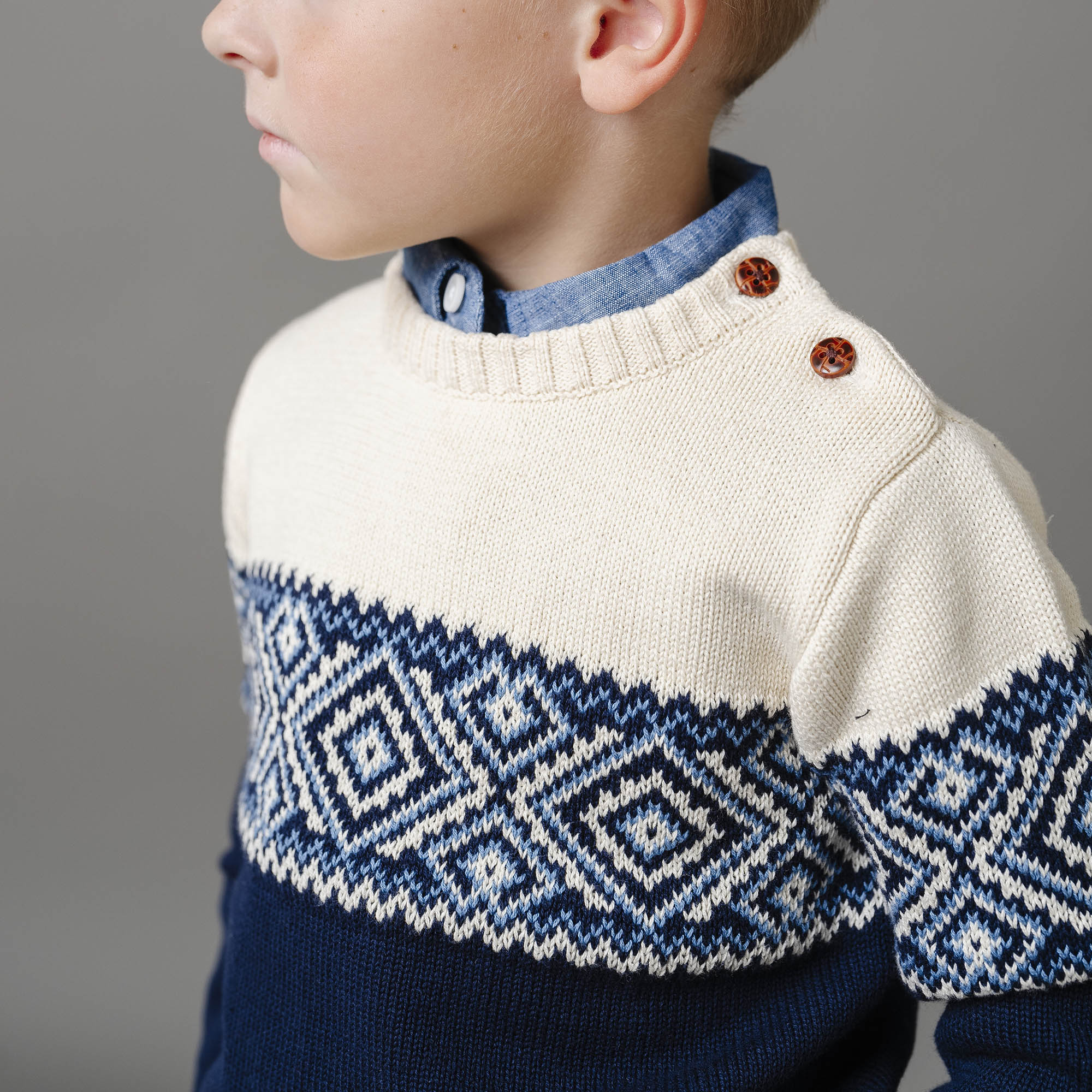 Organic Intarsia Crew Neck Button Sweater