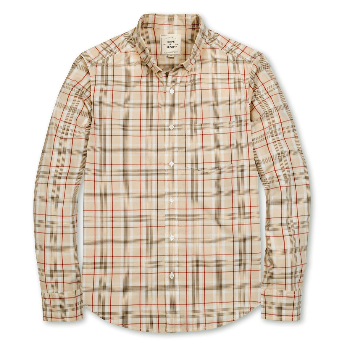 Organic Stretch Poplin Shirt in Fireside Plaid — lifestyle photo