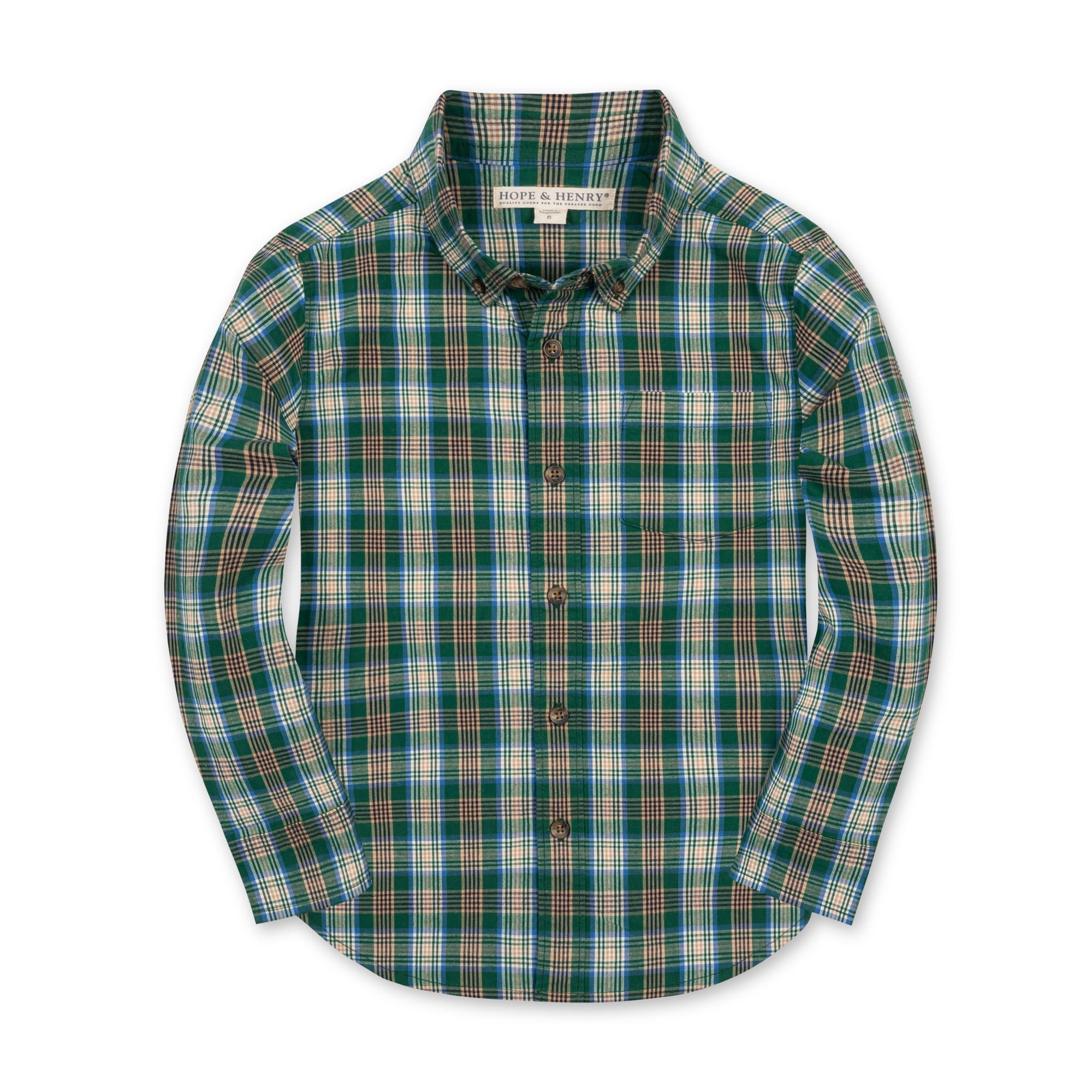 Organic Stretch Poplin Shirt in Green Classic Plaid — front view
