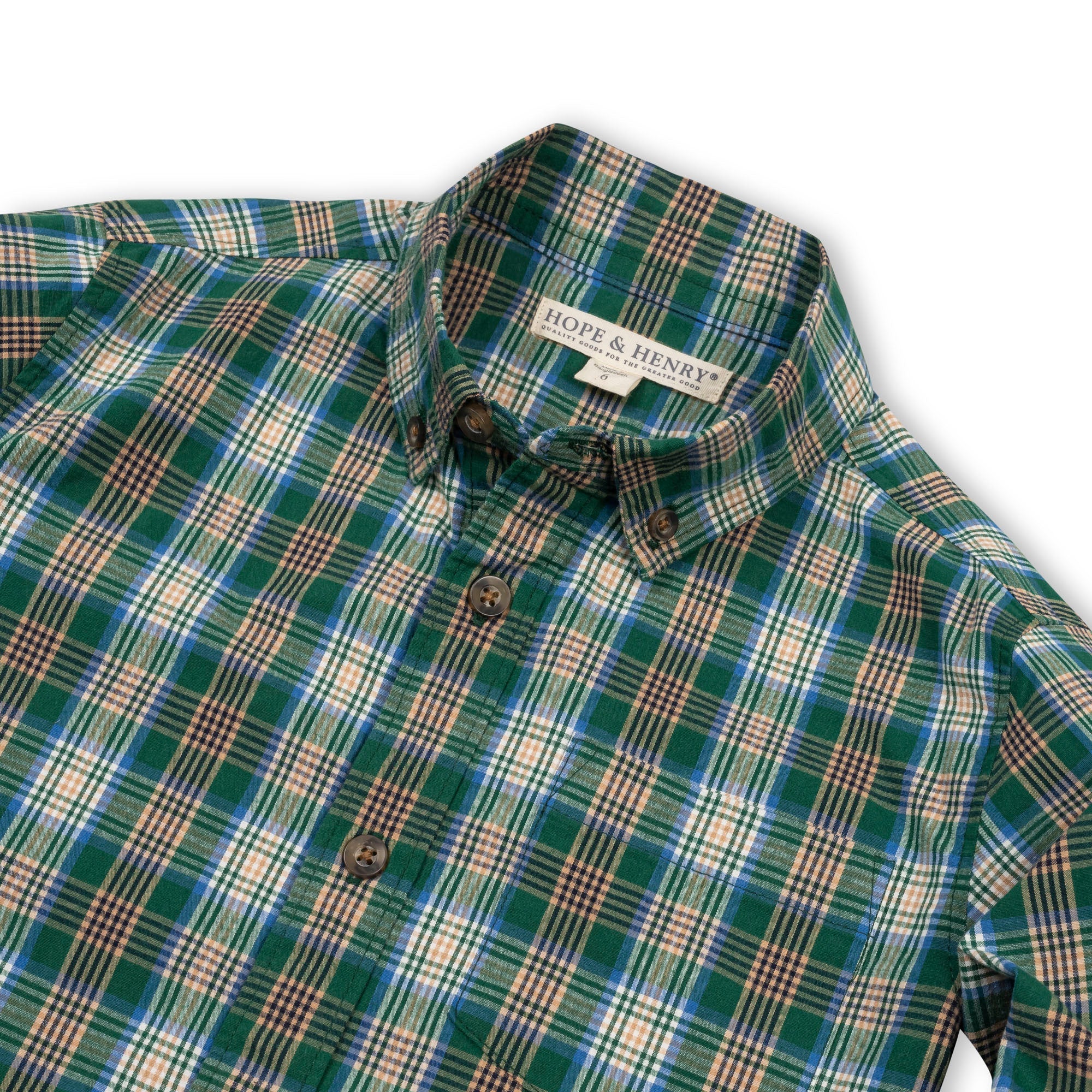 Organic Stretch Poplin Shirt in Green Classic Plaid — back view