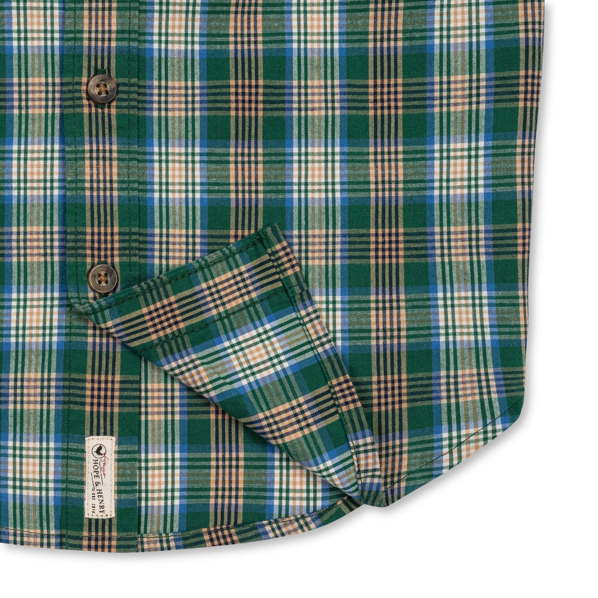 Organic Stretch Poplin Shirt in Green Classic Plaid — detail view