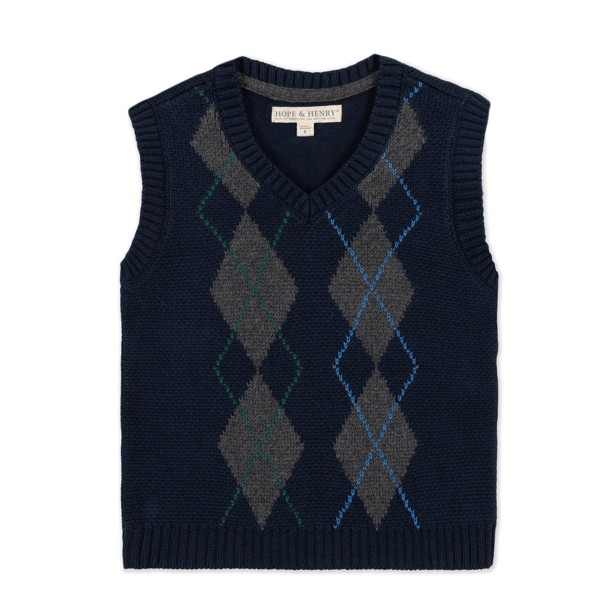 Organic Argyle Sweater Vest in Navy and Gray — front view