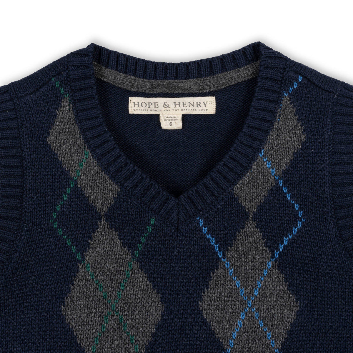 Organic Argyle Sweater Vest in Navy and Gray — back view