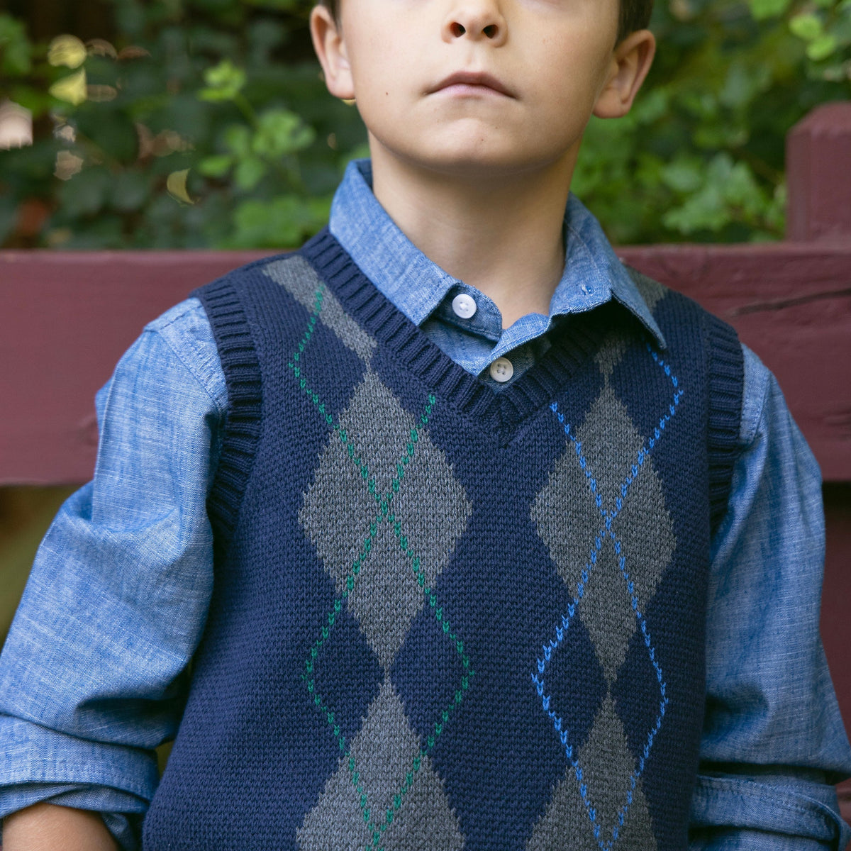 Organic Argyle Sweater Vest in Navy and Gray — lifestyle photo