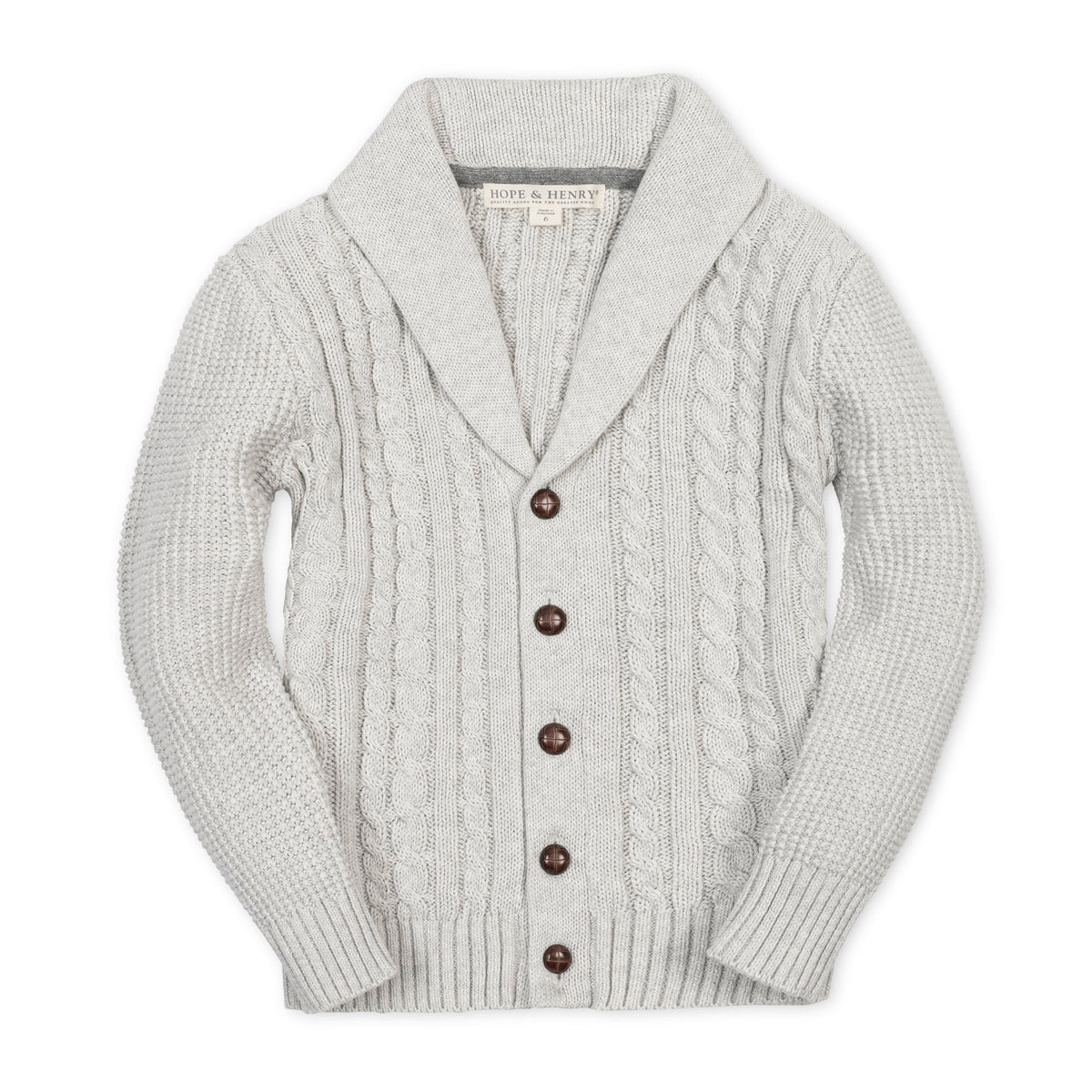 Organic Shawl Collar Cardigan in Light Gray Heather Cable — front view