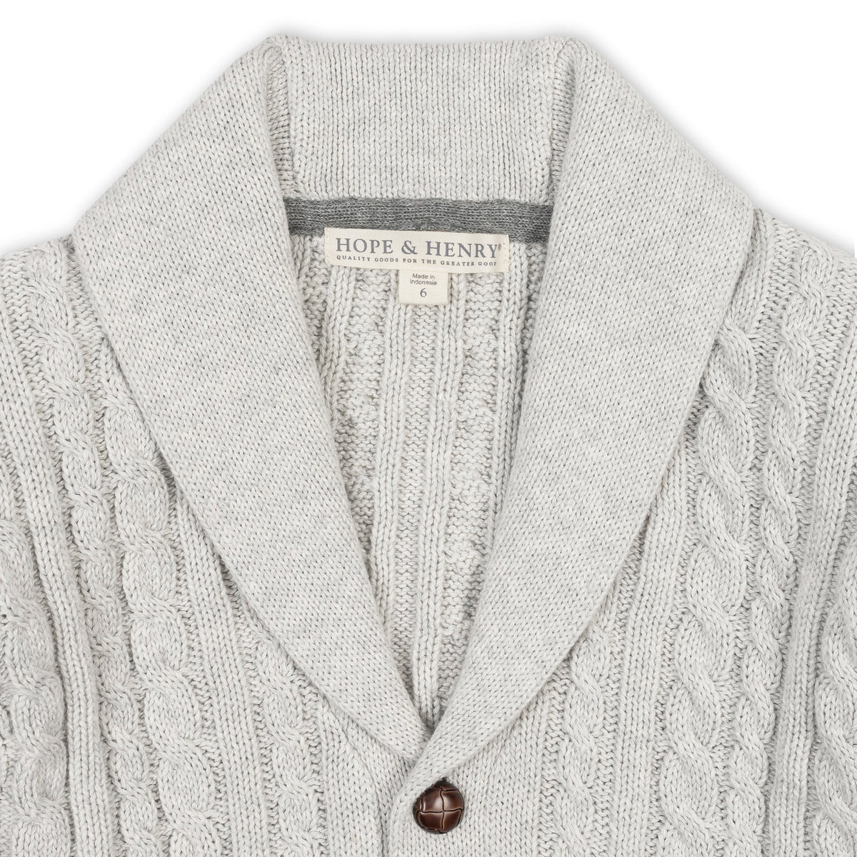 Organic Shawl Collar Cardigan in Light Gray Heather Cable — back view