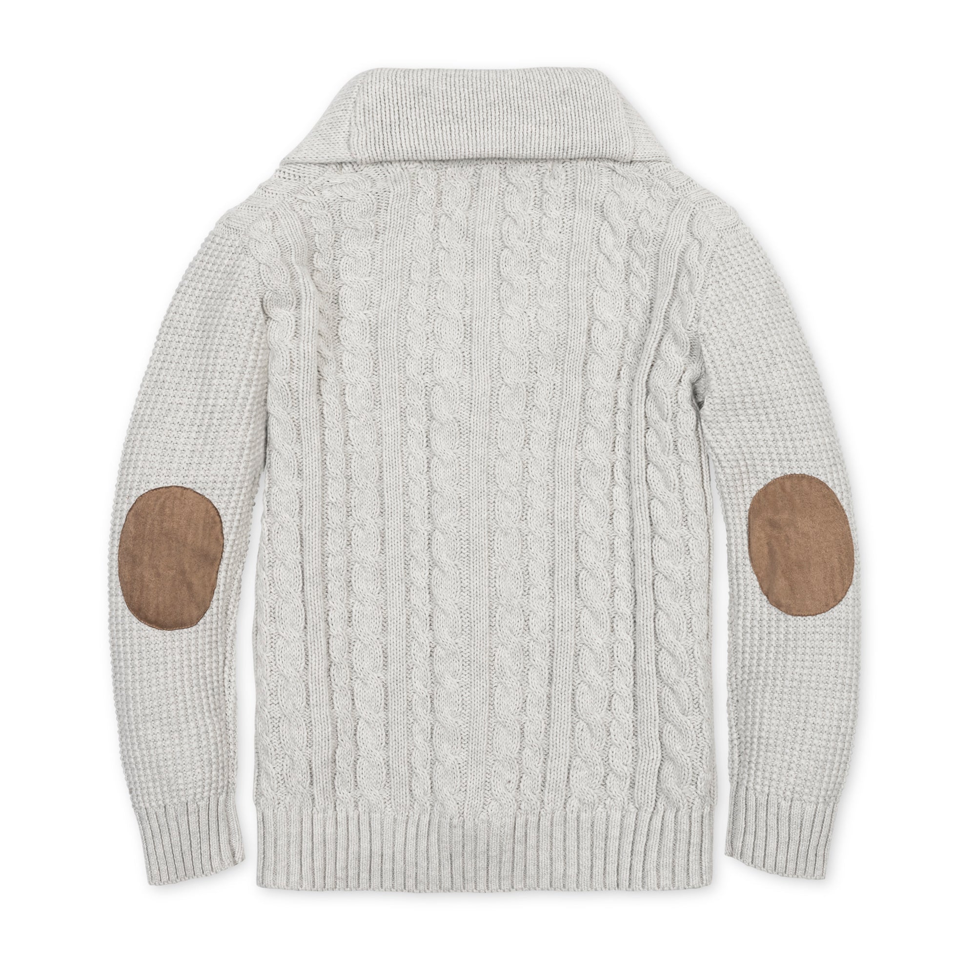 Organic Shawl Collar Cardigan in Light Gray Heather Cable — detail view