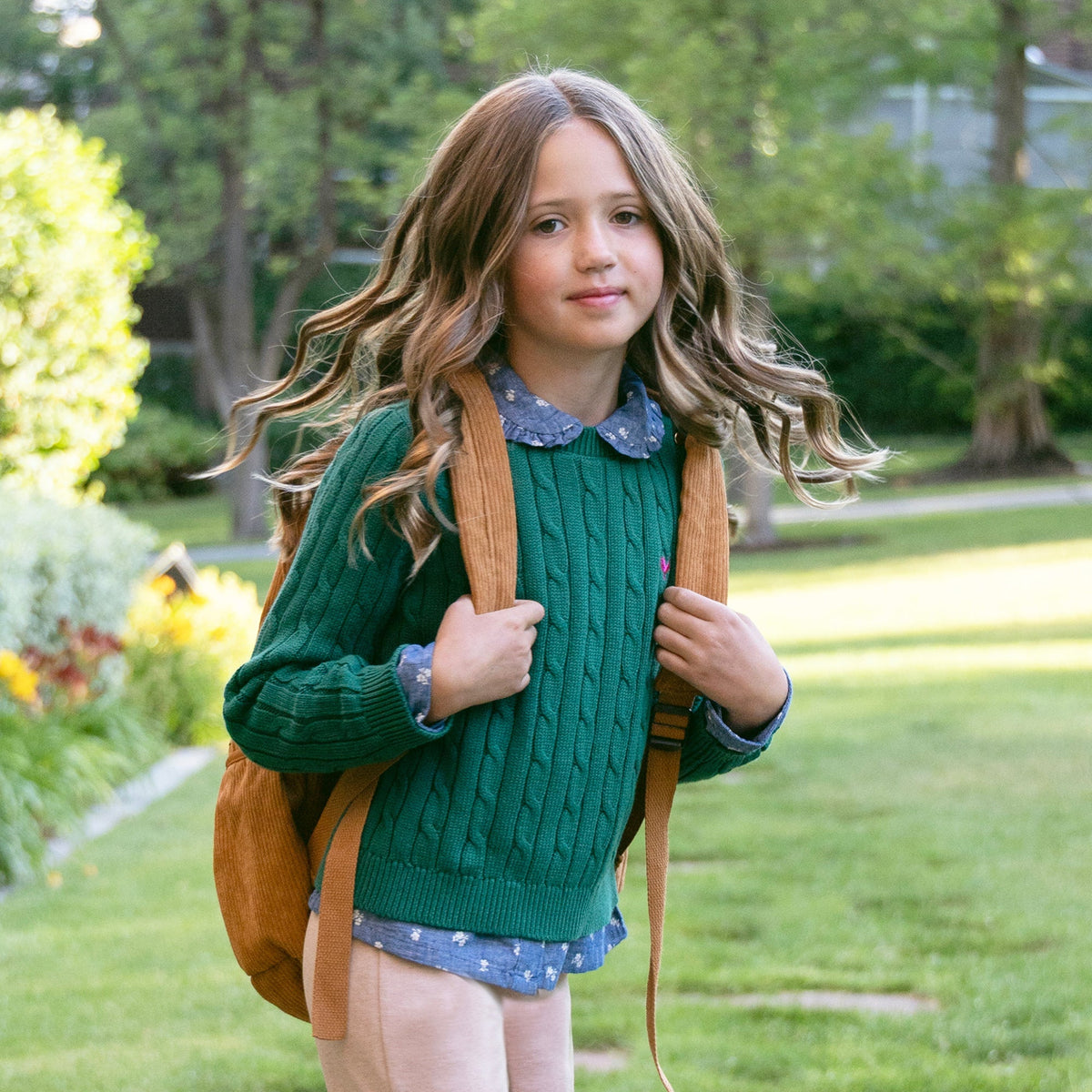 Organic Peter Pan Collar Top in Chambray Floral — lifestyle photo