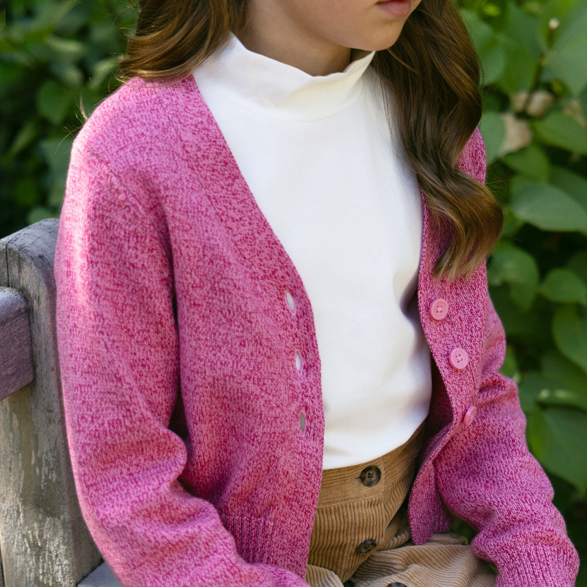 Organic V-Neck Cardigan in Vivid Pink Marl — lifestyle photo