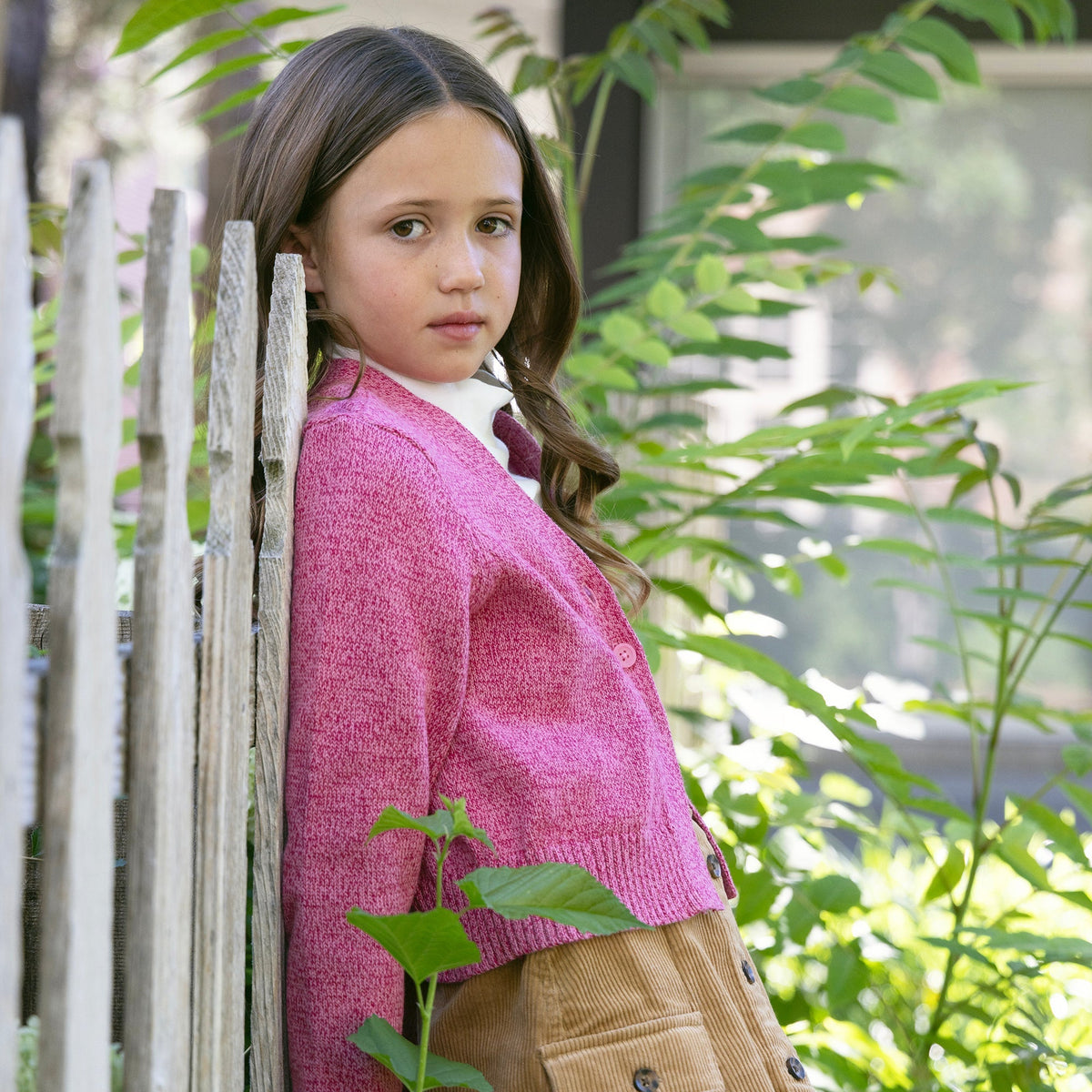 Organic V-Neck Cardigan in Vivid Pink Marl — lifestyle photo