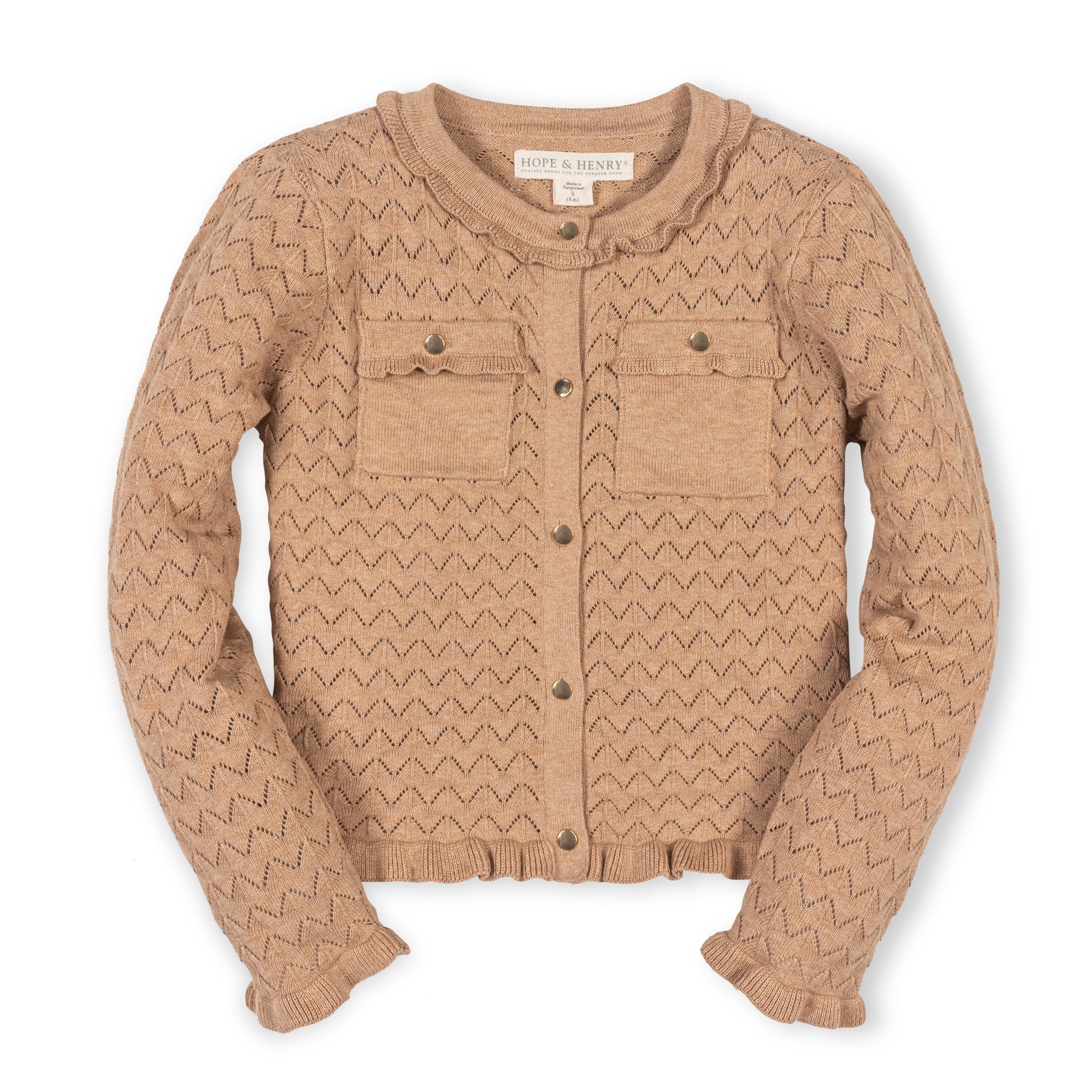 Organic Ruffle Trim Pointelle Cardigan in Camel Heather — front view