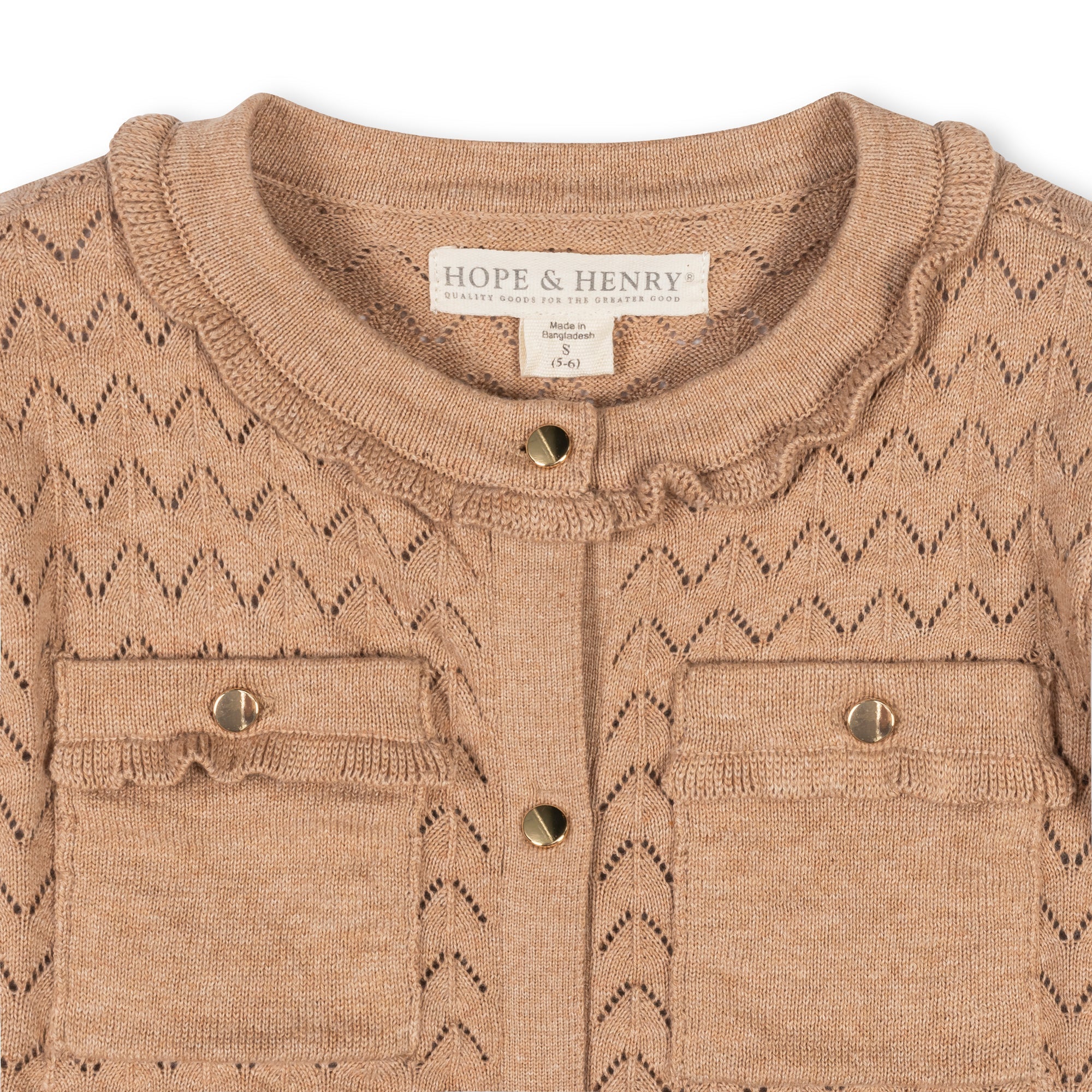 Organic Ruffle Trim Pointelle Cardigan in Camel Heather — back view