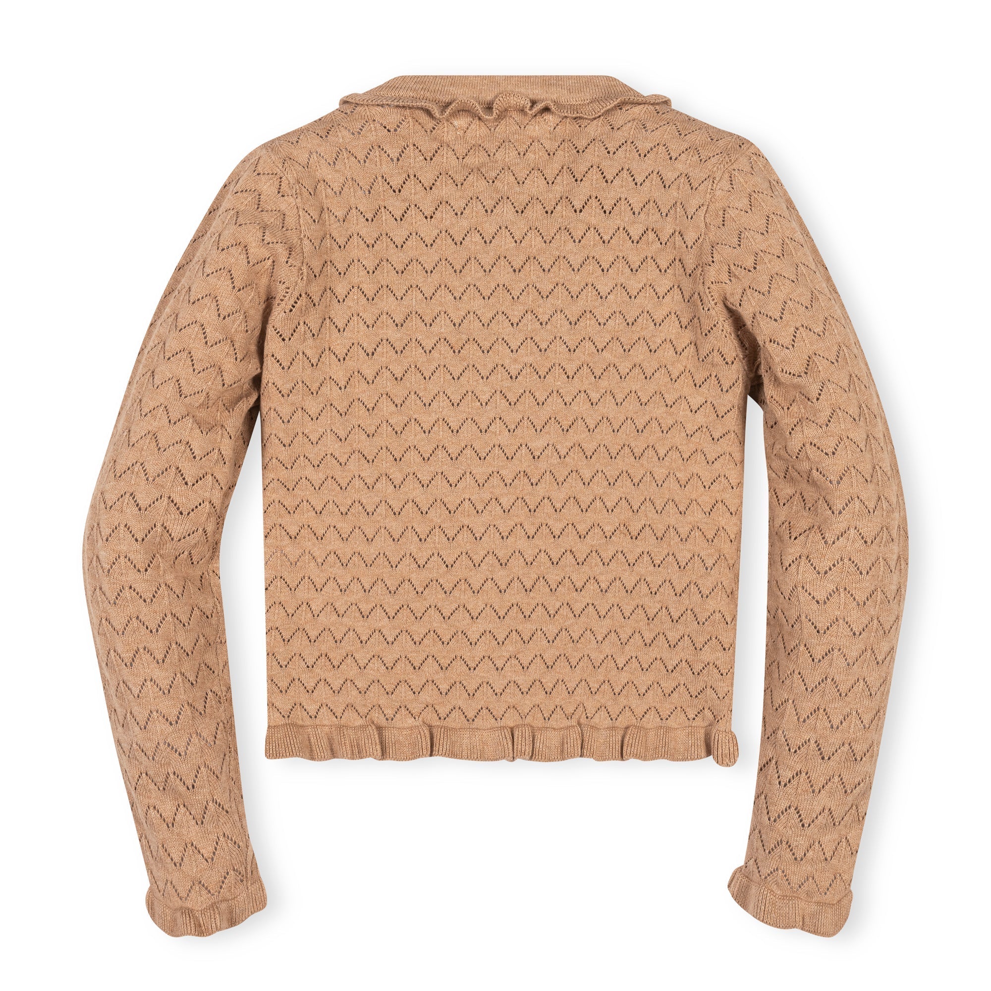 Organic Ruffle Trim Pointelle Cardigan in Camel Heather — detail view