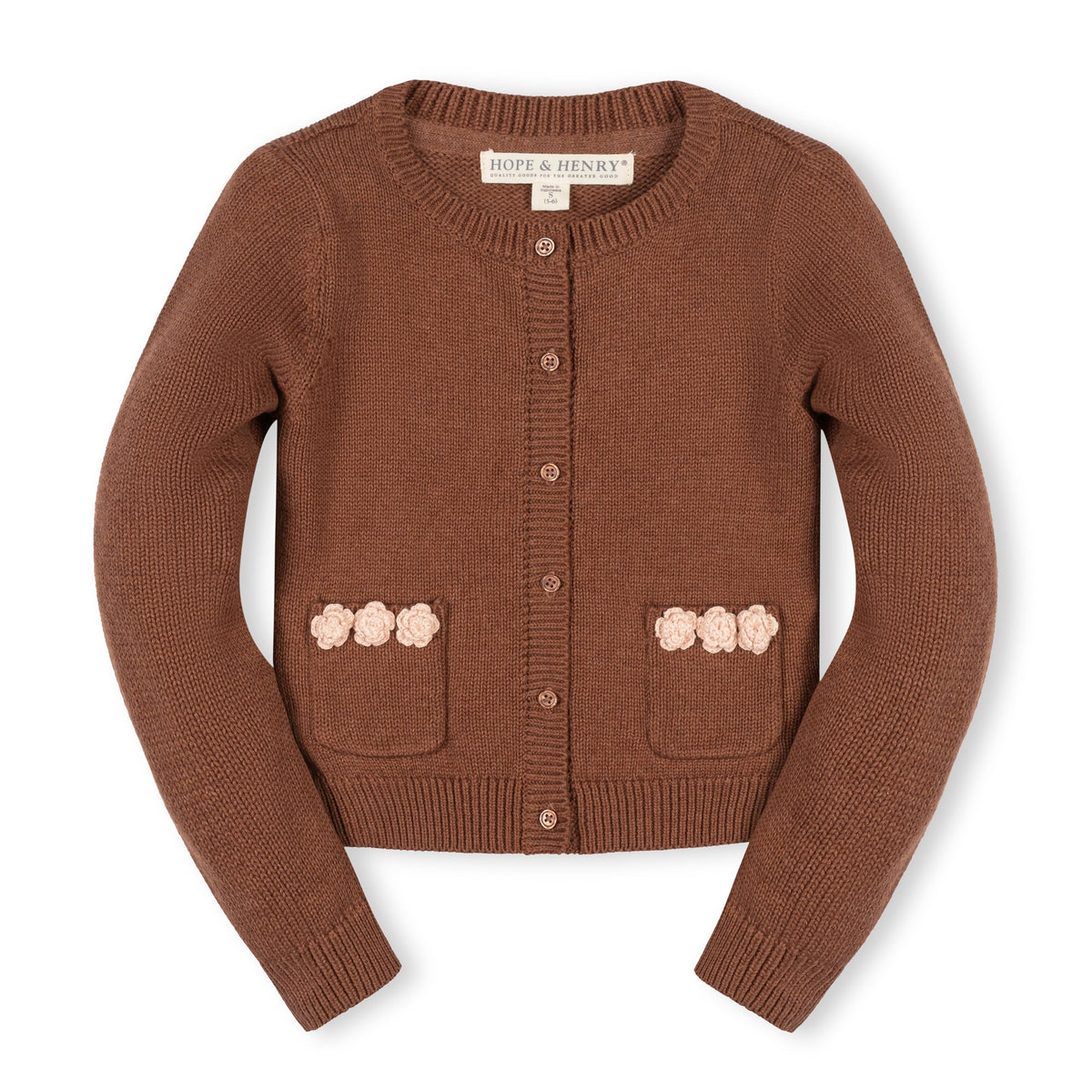 Organic Rosette Pocket Cardigan in Cinnamon Heather — front view