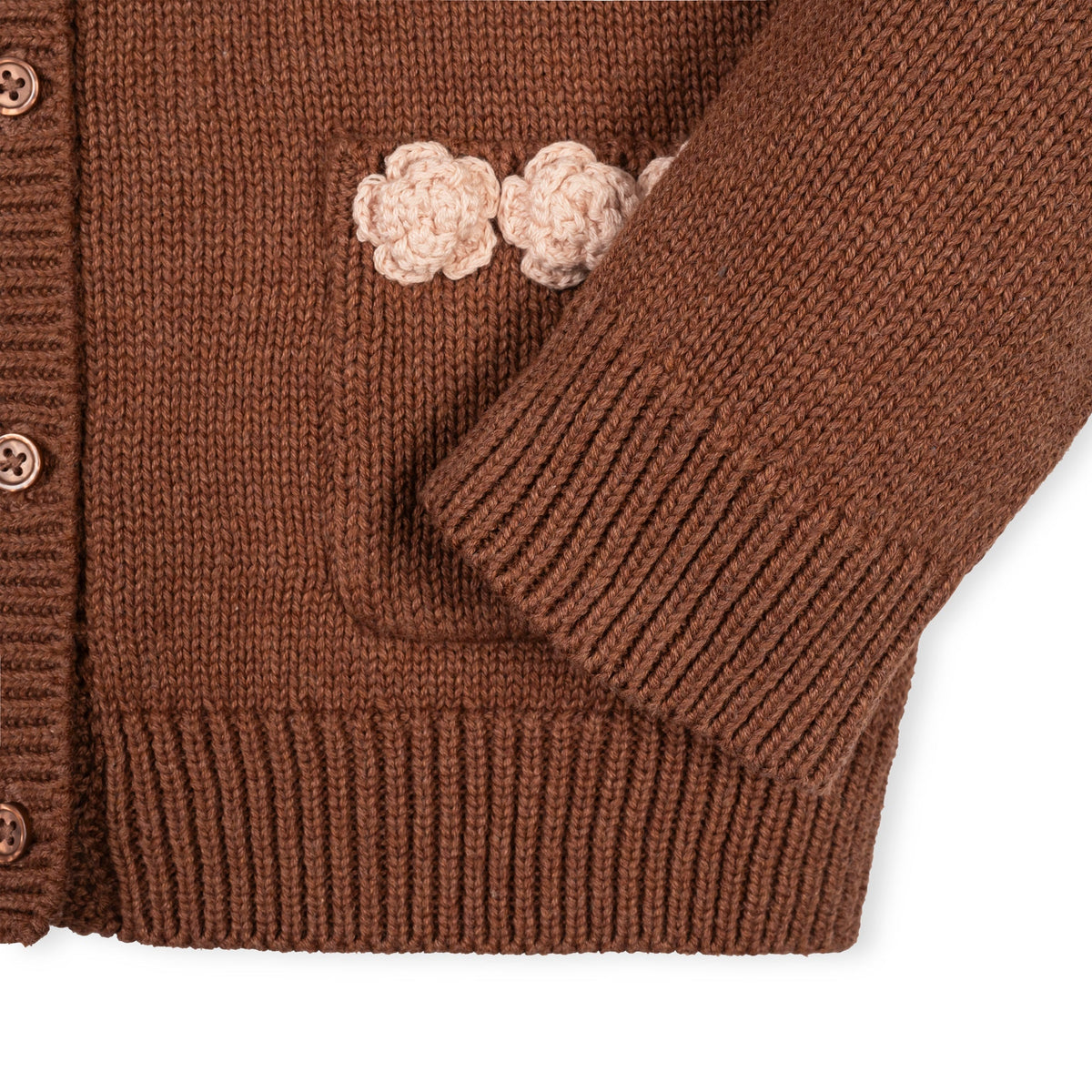 Organic Rosette Pocket Cardigan in Cinnamon Heather — back view