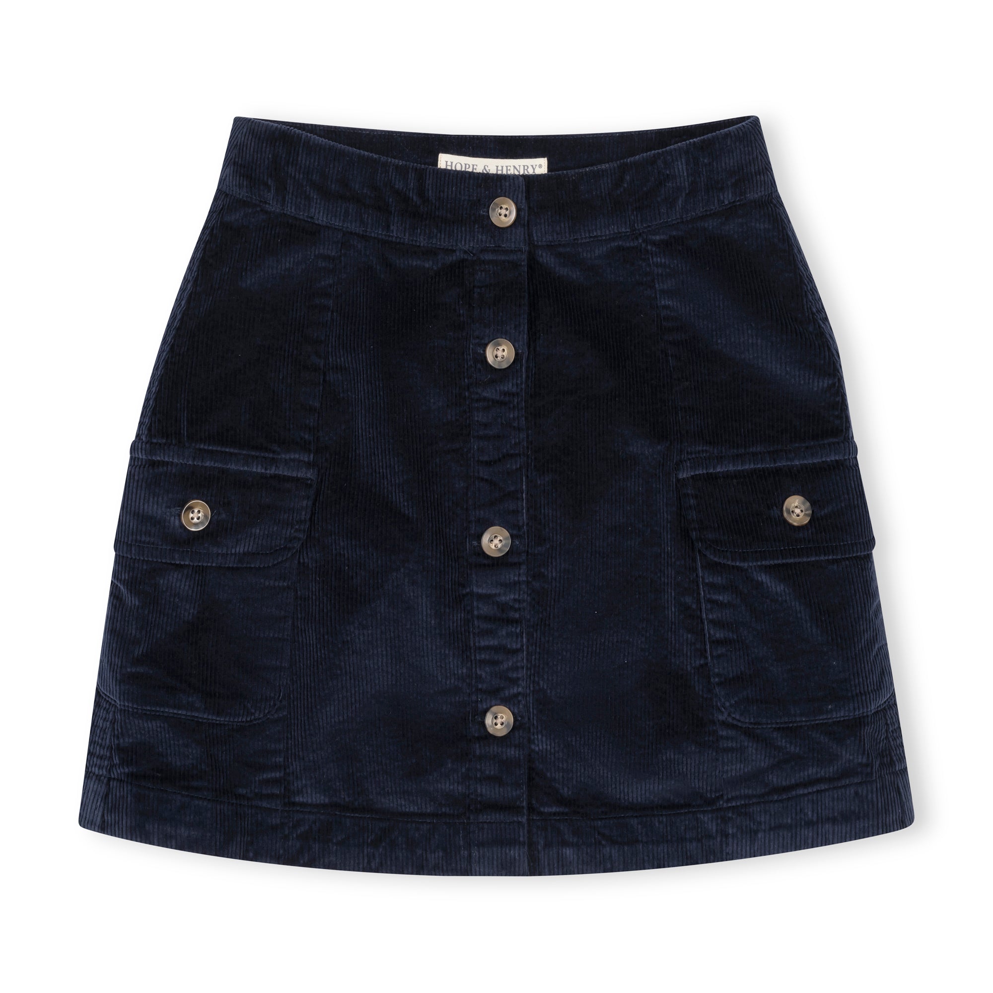 Organic Corduroy Button Front Skirt in Navy — front view