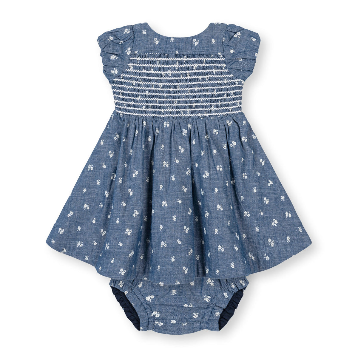 Organic Chambray Smocked Puff Sleeve Dress in Chambray Floral — front view