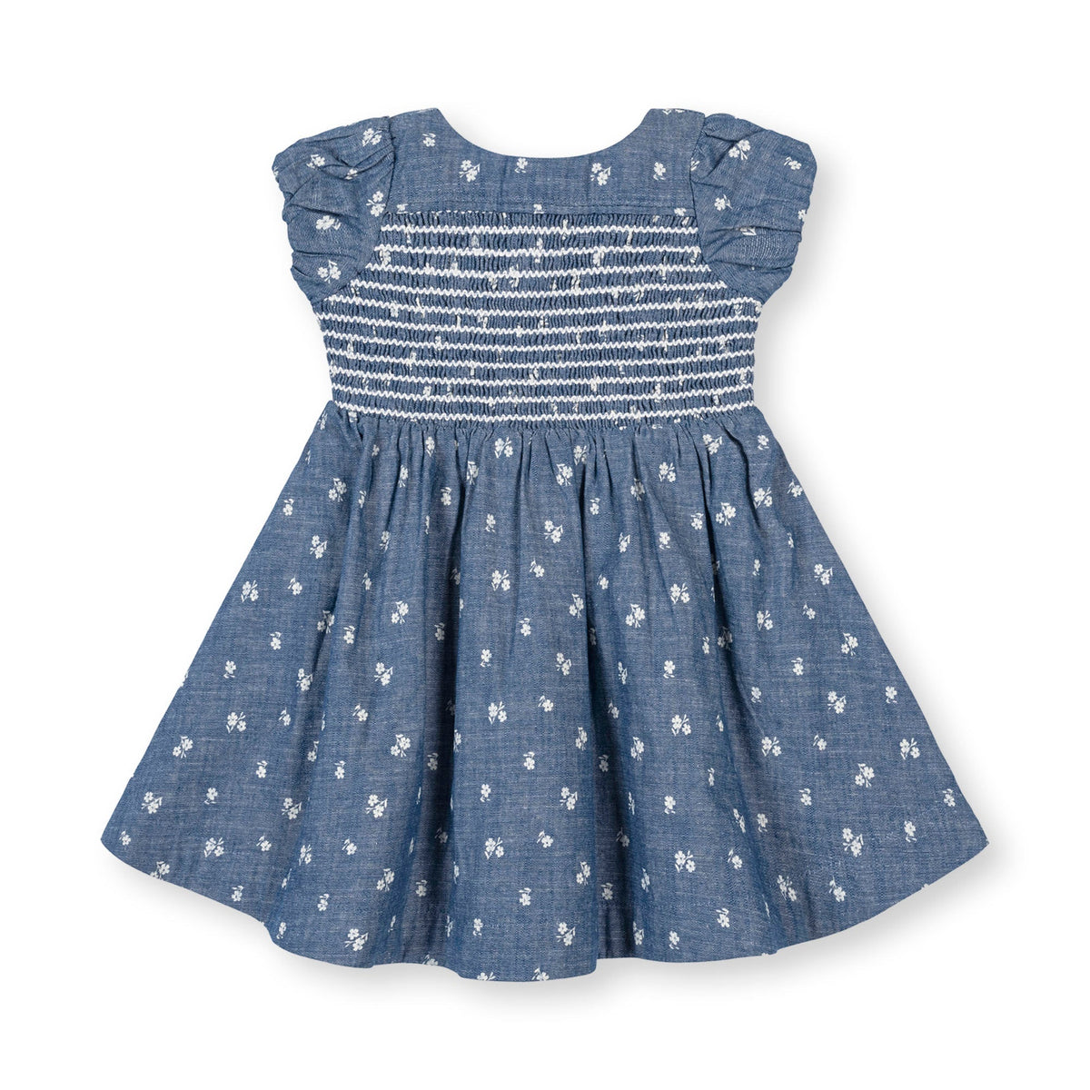 Organic Chambray Smocked Puff Sleeve Dress in Chambray Floral — back view