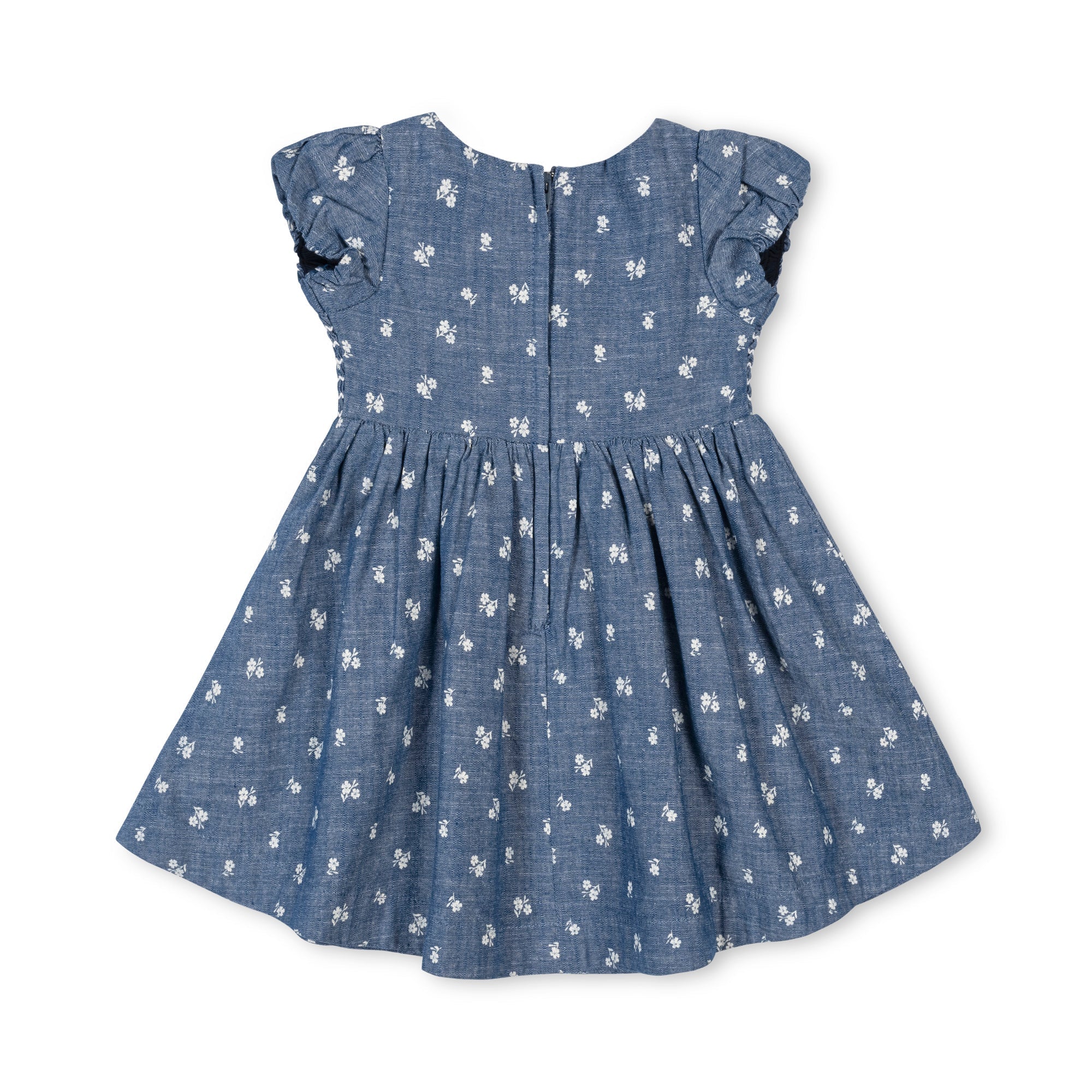 Organic Chambray Smocked Puff Sleeve Dress in Chambray Floral — detail view