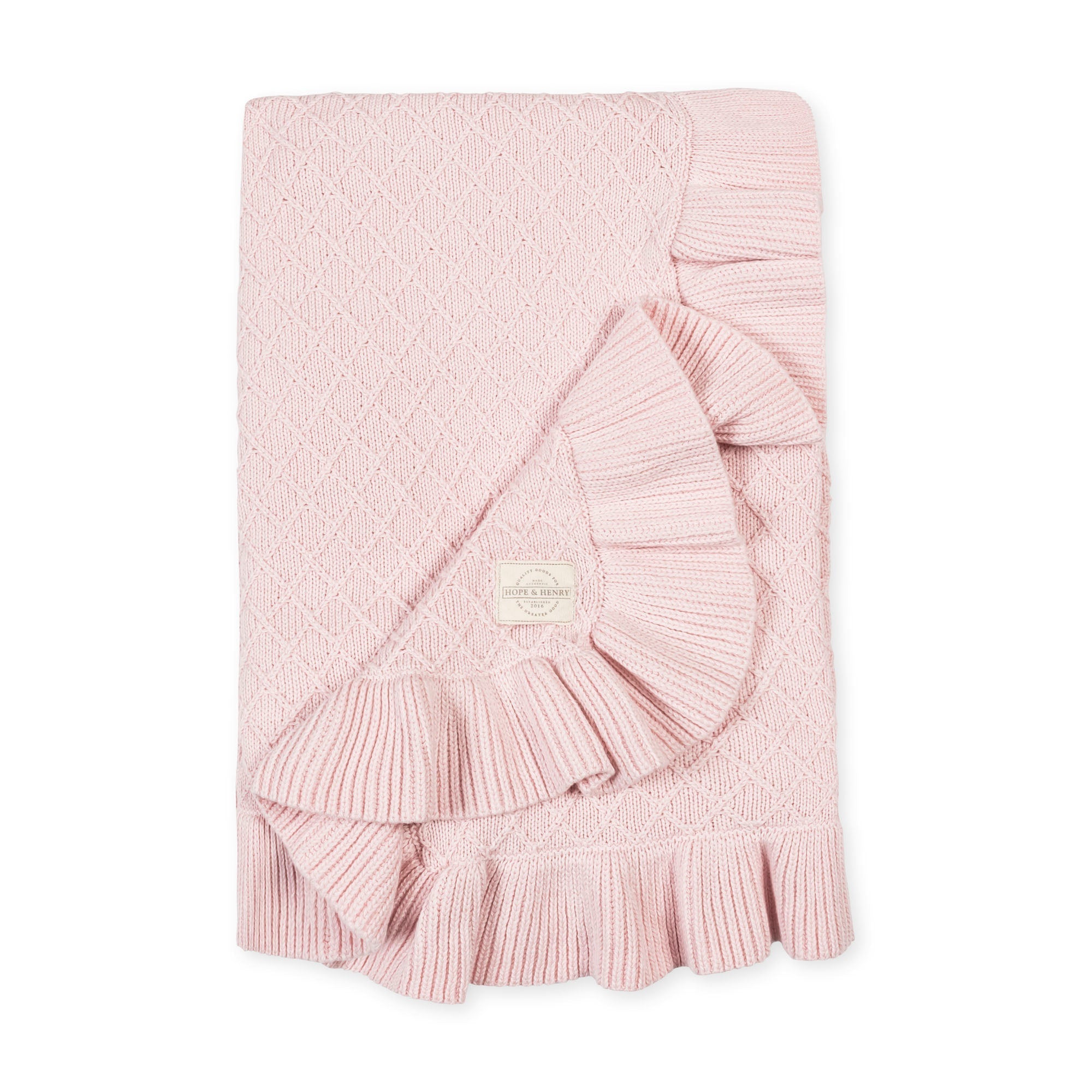 Organic Ruffle Edge Baby Blanket in Pale Pink Ruffle — styled flat
