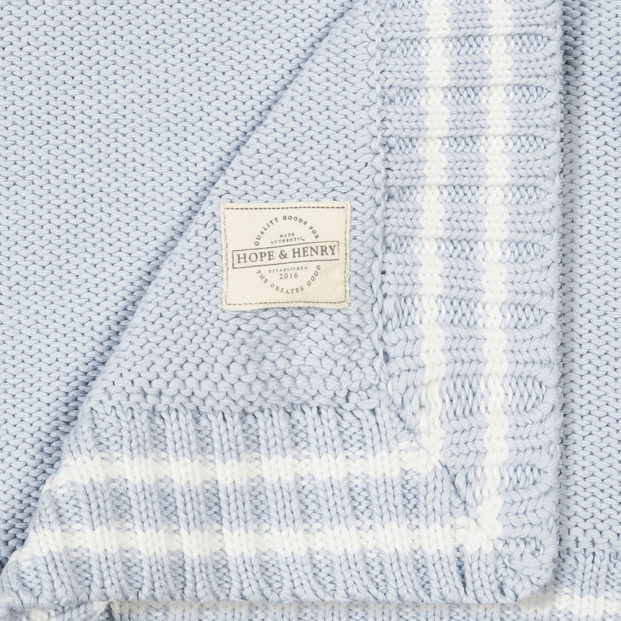 Organic Cable Knit Blanket in Pale Blue Stripe — detail view