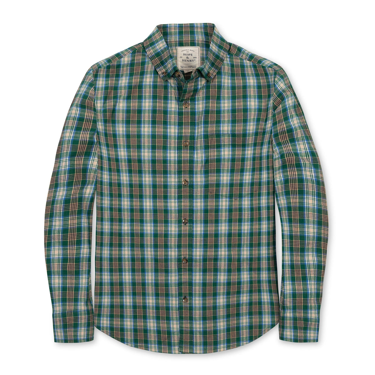 Organic Stretch Poplin Shirt in Green Classic Plaid — lifestyle photo