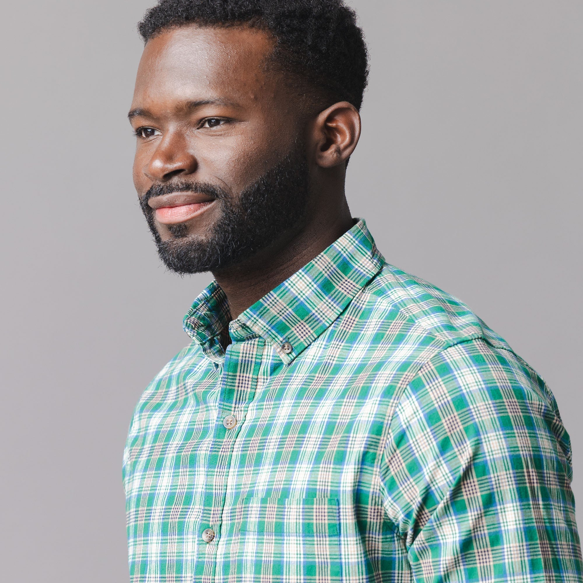Organic Stretch Poplin Shirt in Green Classic Plaid — back view