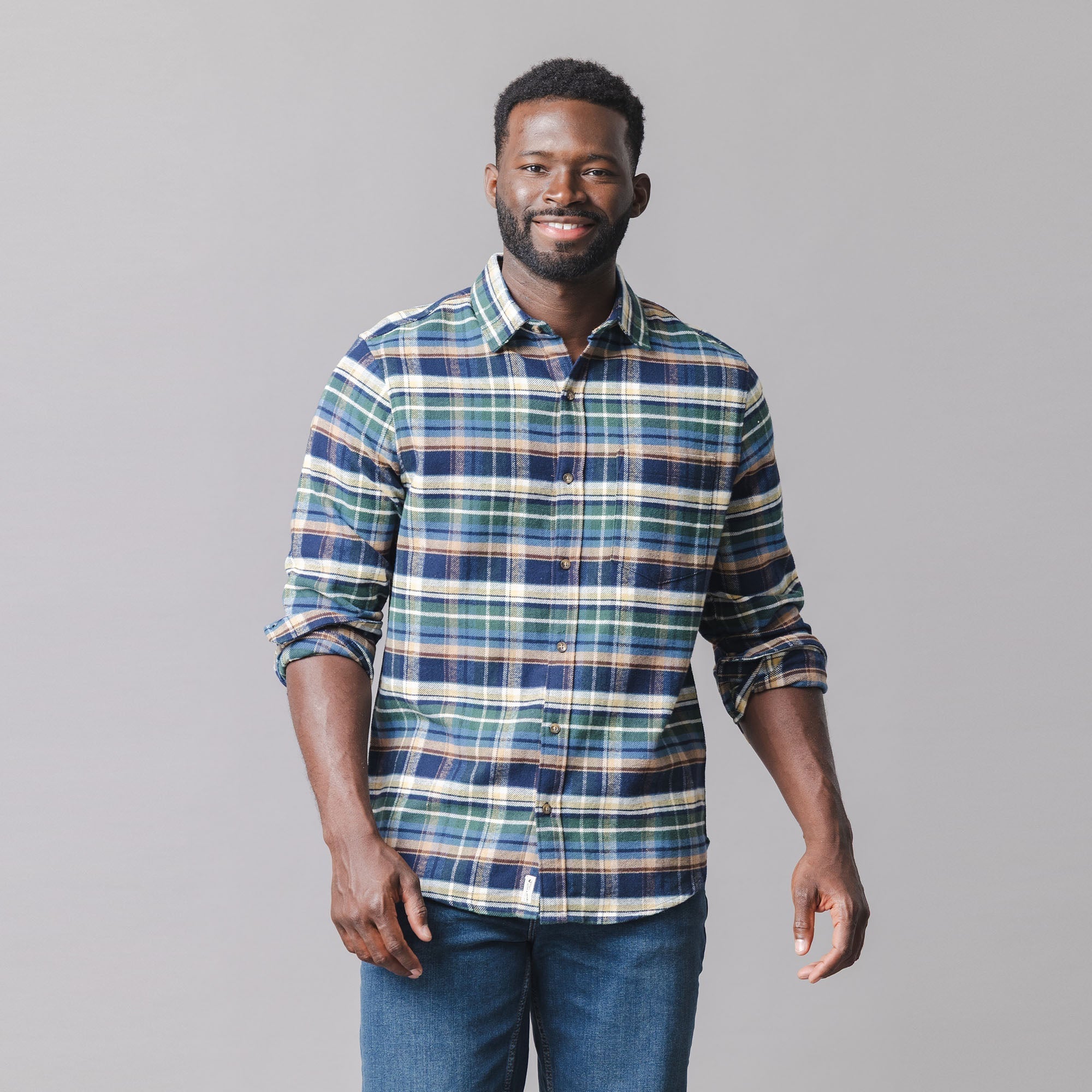 Organic Flannel Shirt in Navy Cottage Plaid — front view