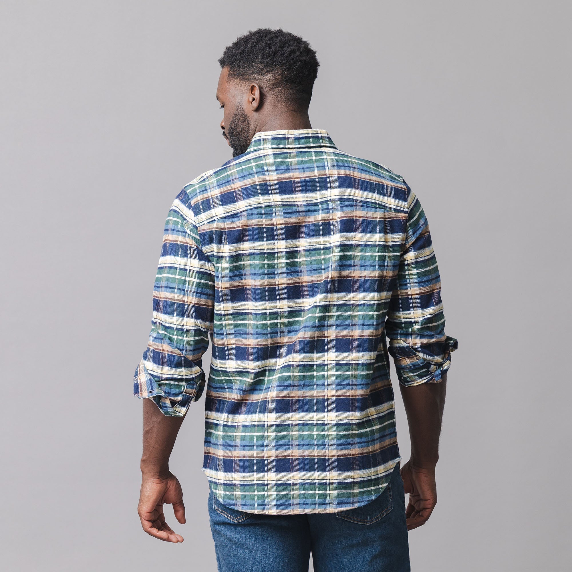 Organic Flannel Shirt in Navy Cottage Plaid — detail view