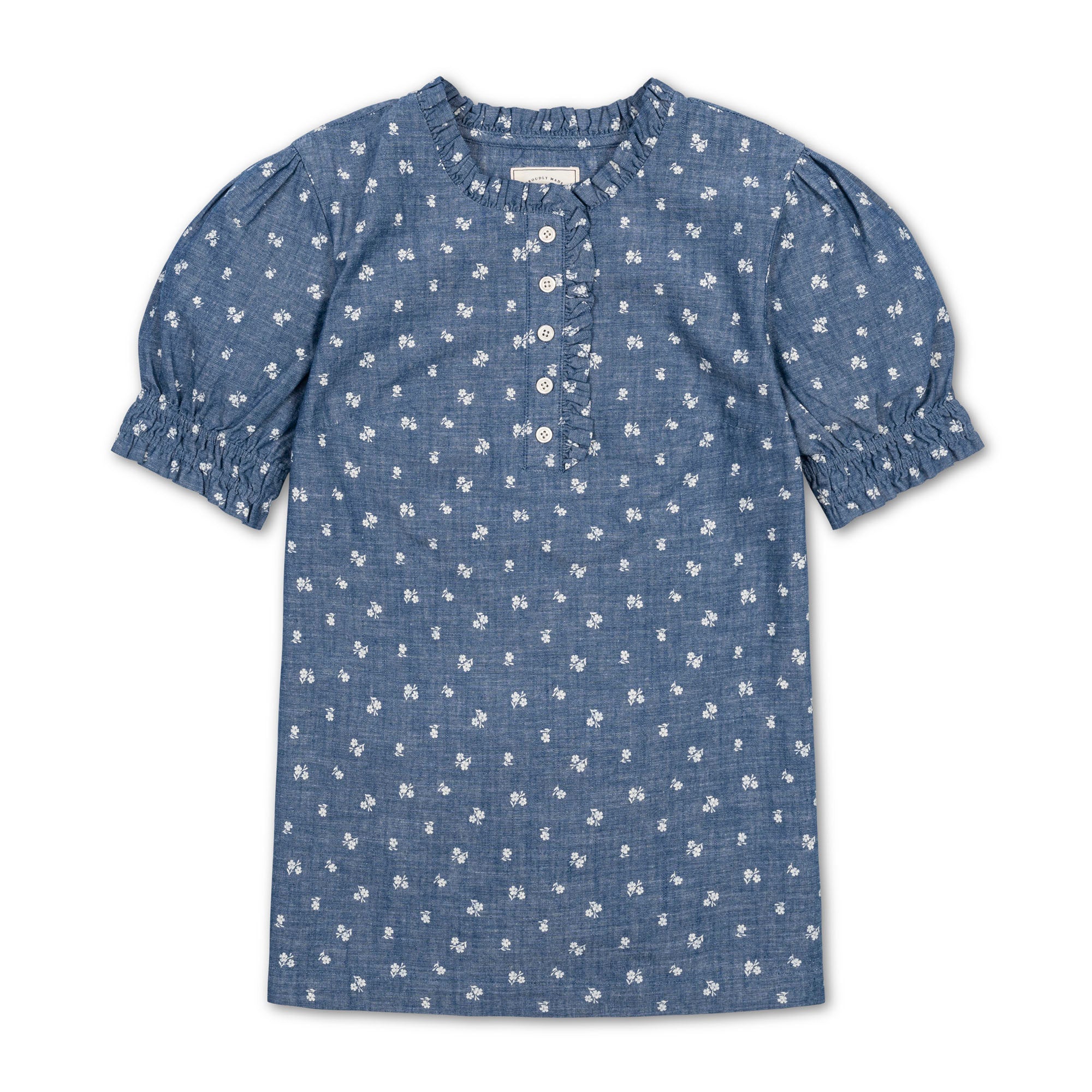 Organic Chambray Puff Sleeve Henley Top in Chambray Floral — lifestyle photo