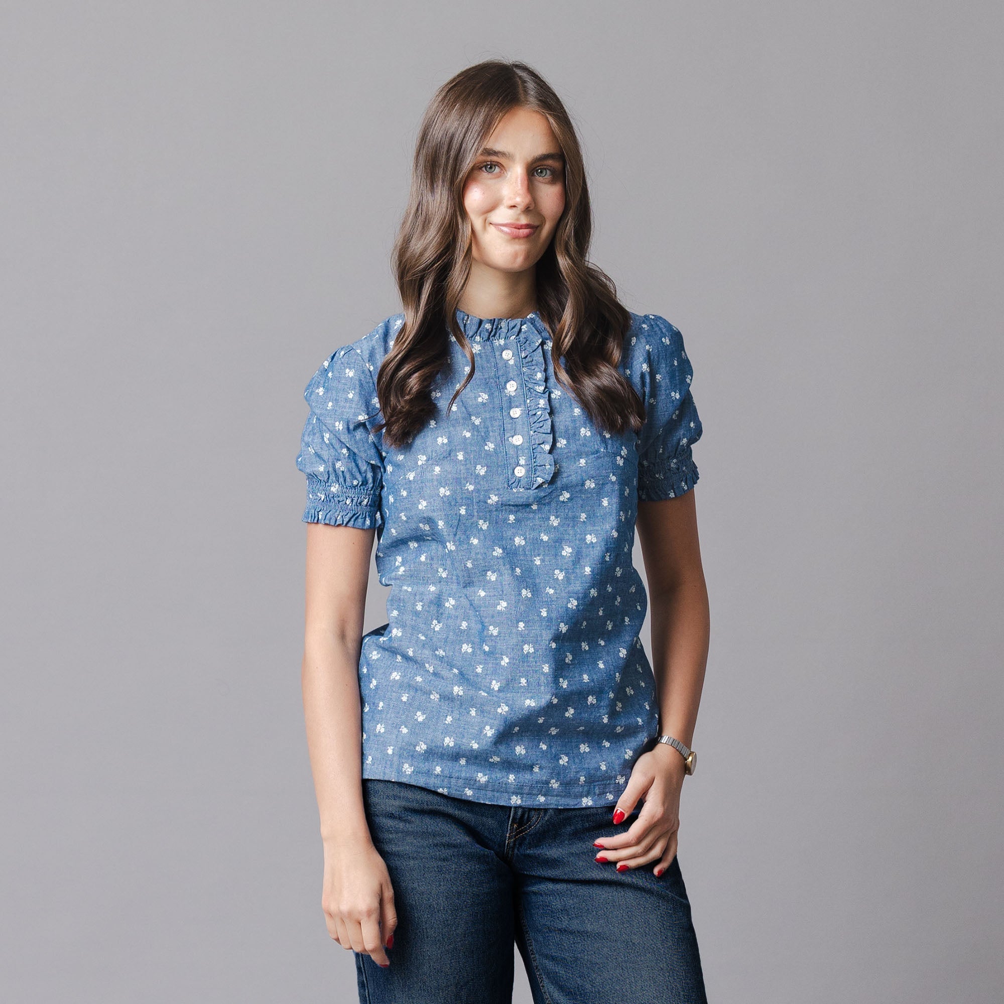 Organic Chambray Puff Sleeve Henley Top in Chambray Floral — front view