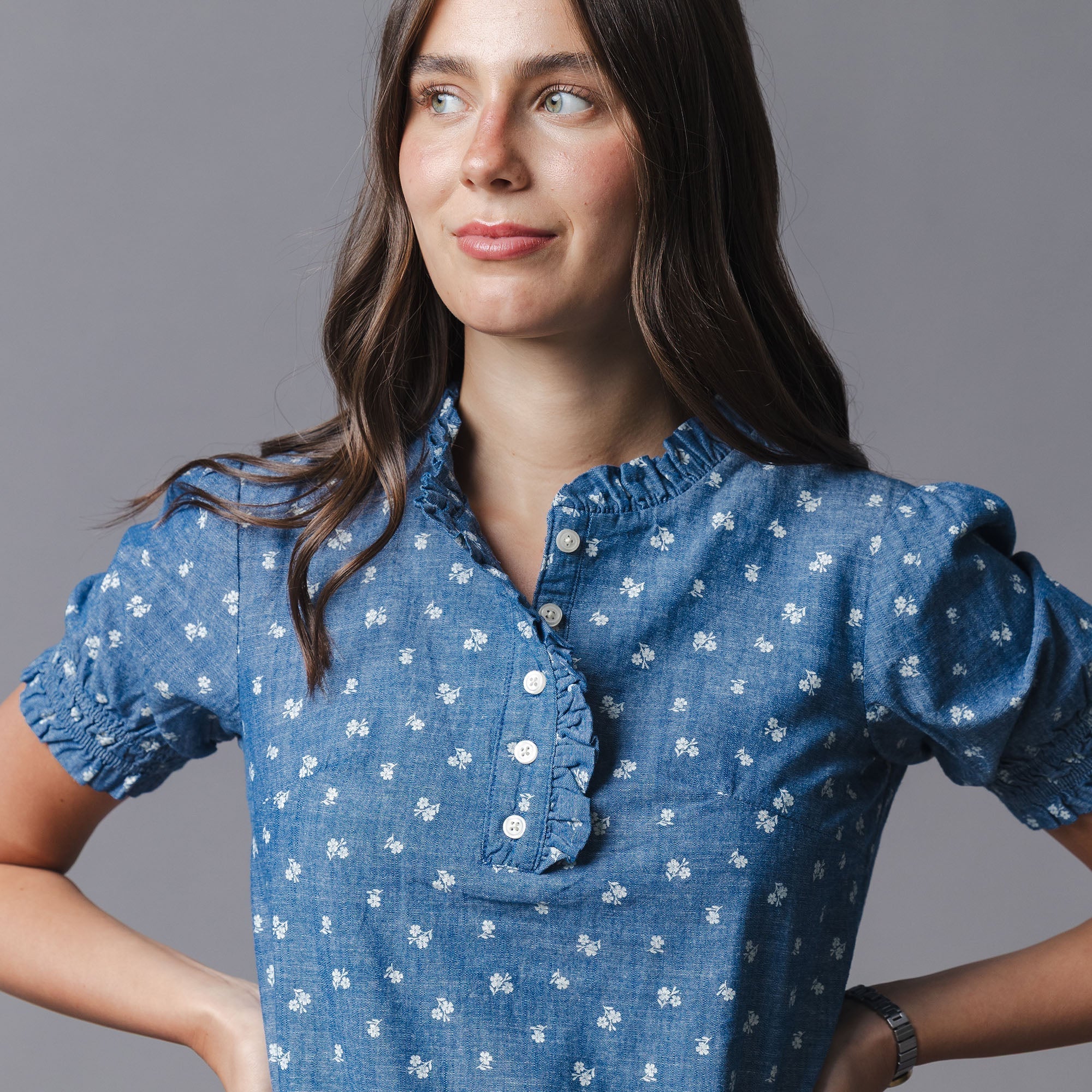 Organic Chambray Puff Sleeve Henley Top in Chambray Floral — back view