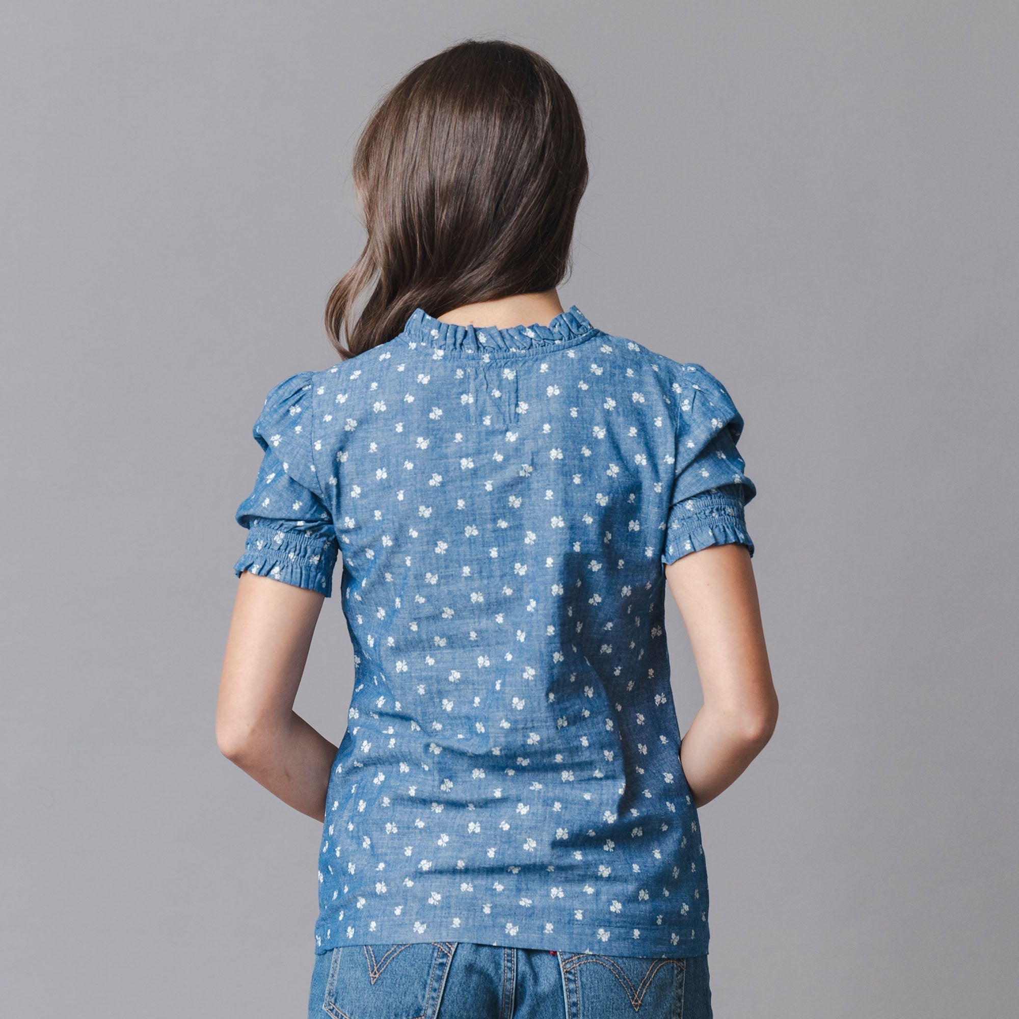 Organic Chambray Puff Sleeve Henley Top in Chambray Floral — detail view