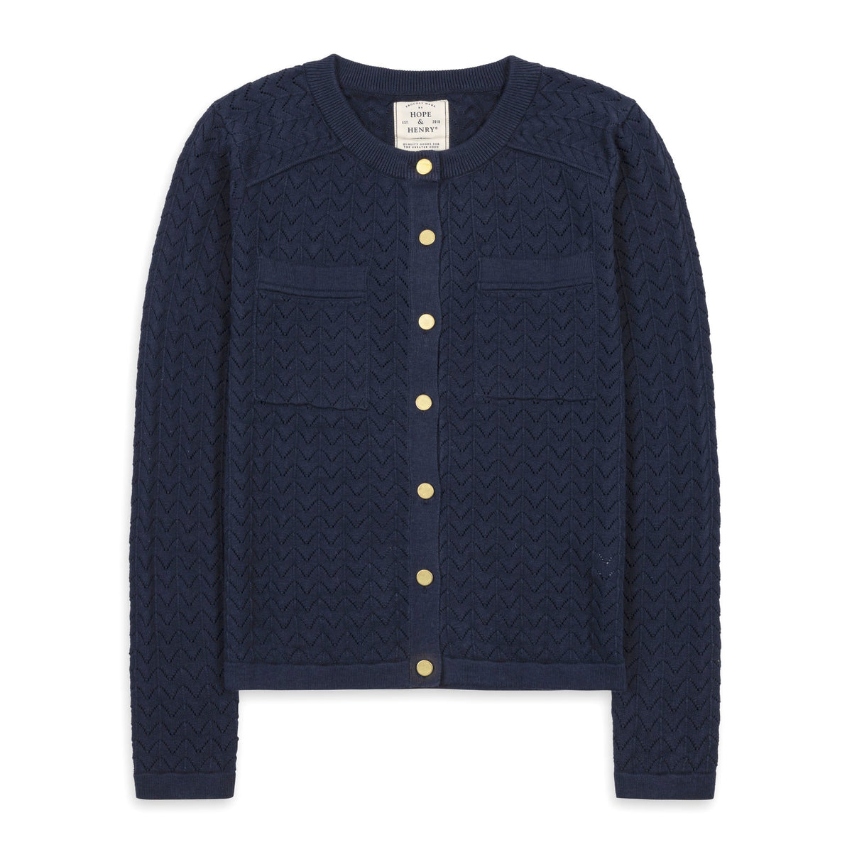 Organic Pointelle Cardigan in Navy Pointelle — lifestyle photo